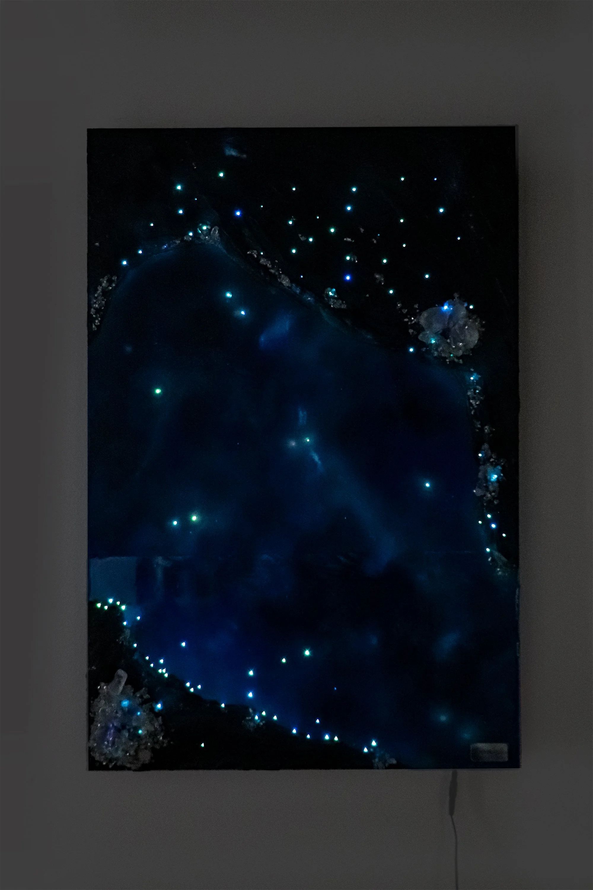 Blue abstract wall art hanging on wall, with orchid botanicals, quartz crystals and resin, in the dark focusing on glowing fiber optic lighting