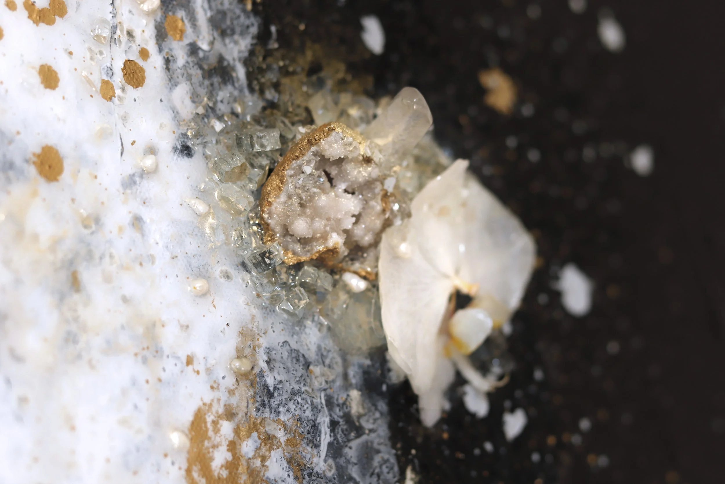Detail photo of black and white abstract painting with orchid and quartz points