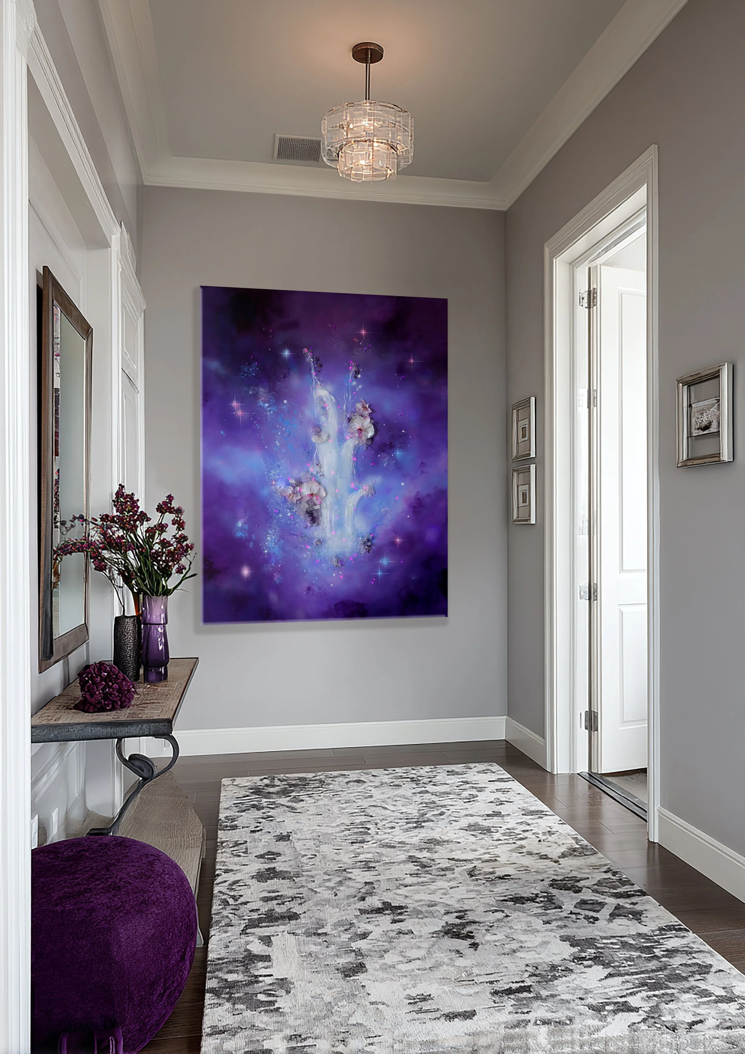 luxury abstract art, purple wall art in hallway, living room art