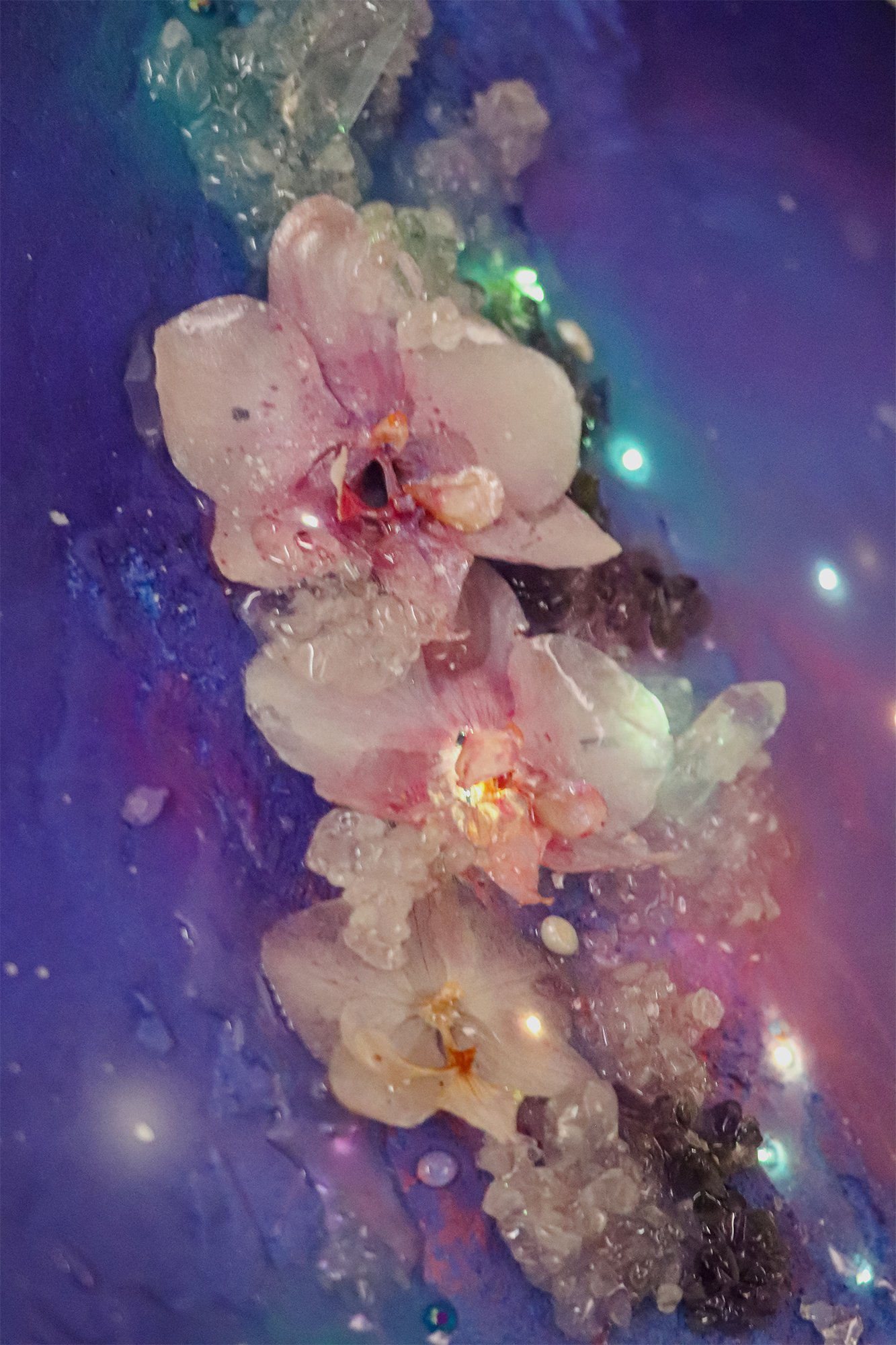 detail close up photo of mini preserved orchid botanical details on wall art painting, with glowing led fiber optic llights