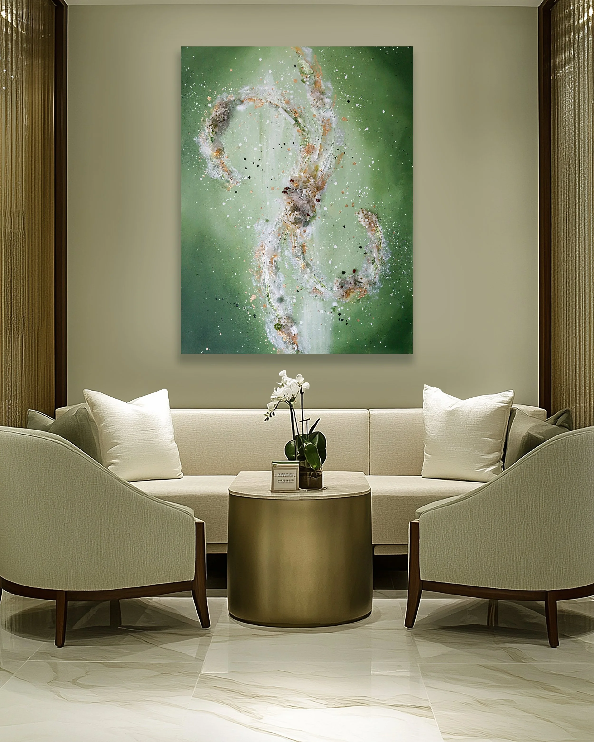 luxury abstract green and gold painting, with pear blossom flowers, hanging on wall in spa