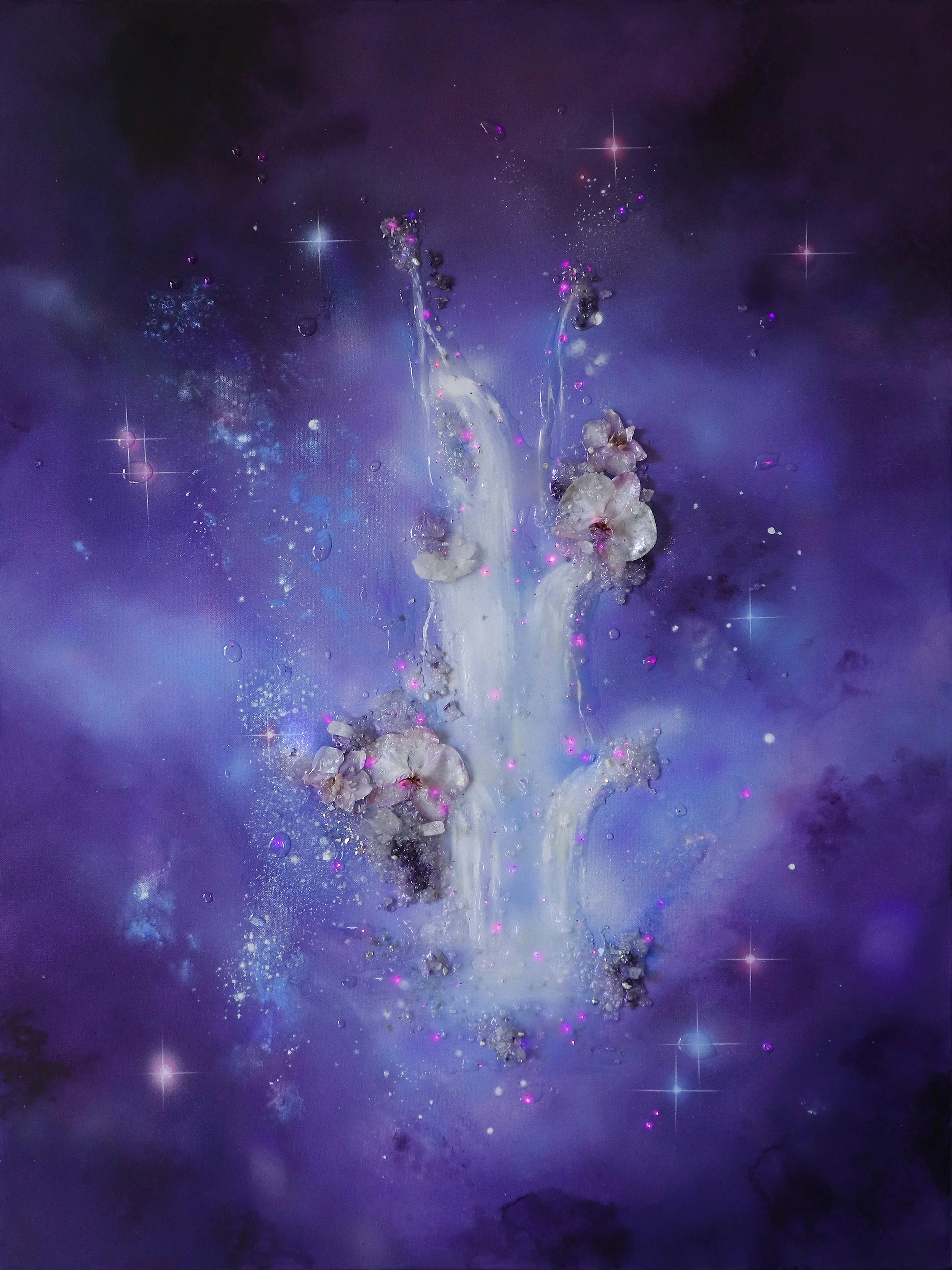 purple abstract art, crystal art, floral botanical art, fiber optic lighting