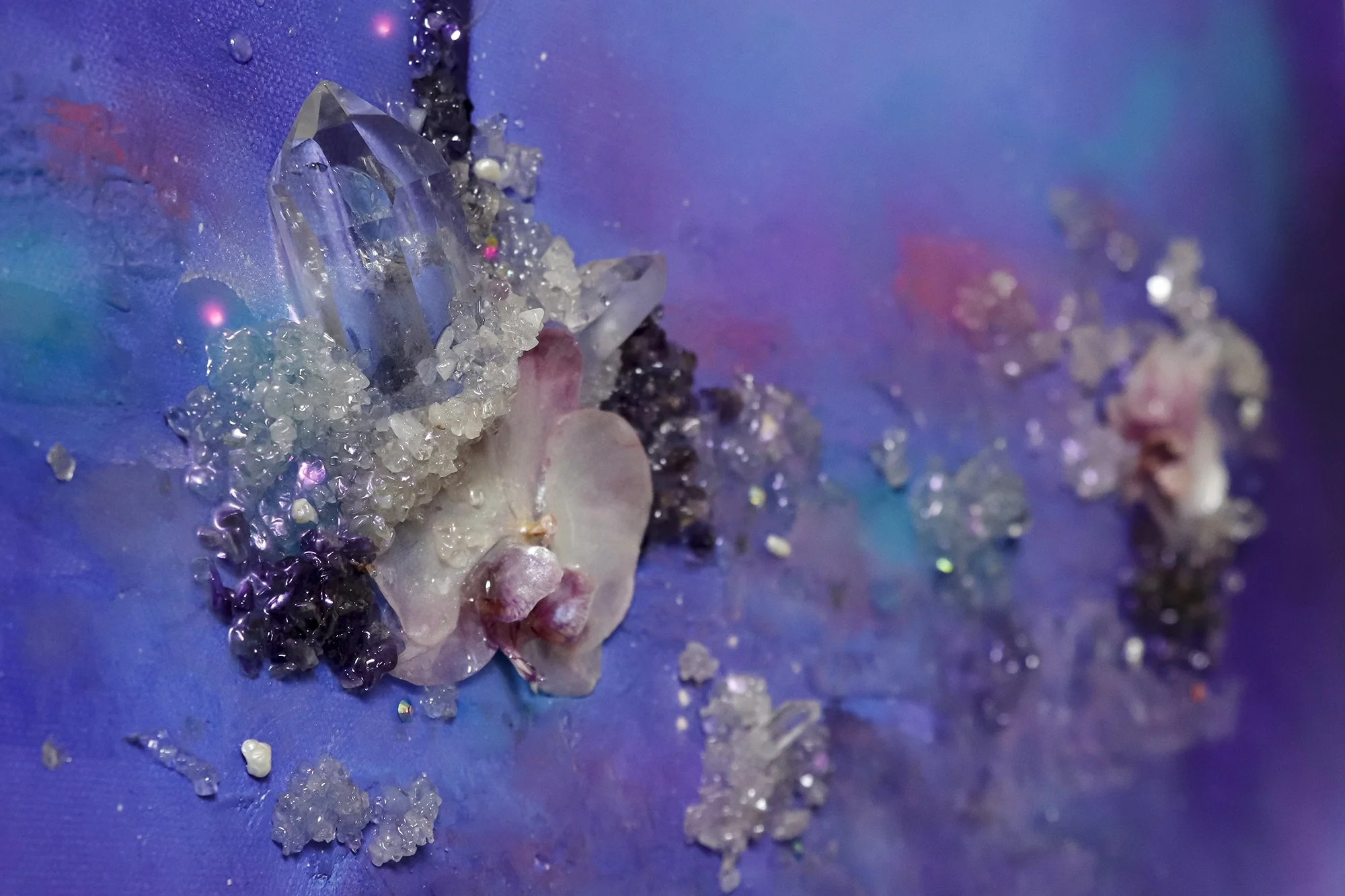 close up detail photo of quartz crystal with preserved orchid flower, purple wall art, luxury art, with subtle glowing  fiber optic lights