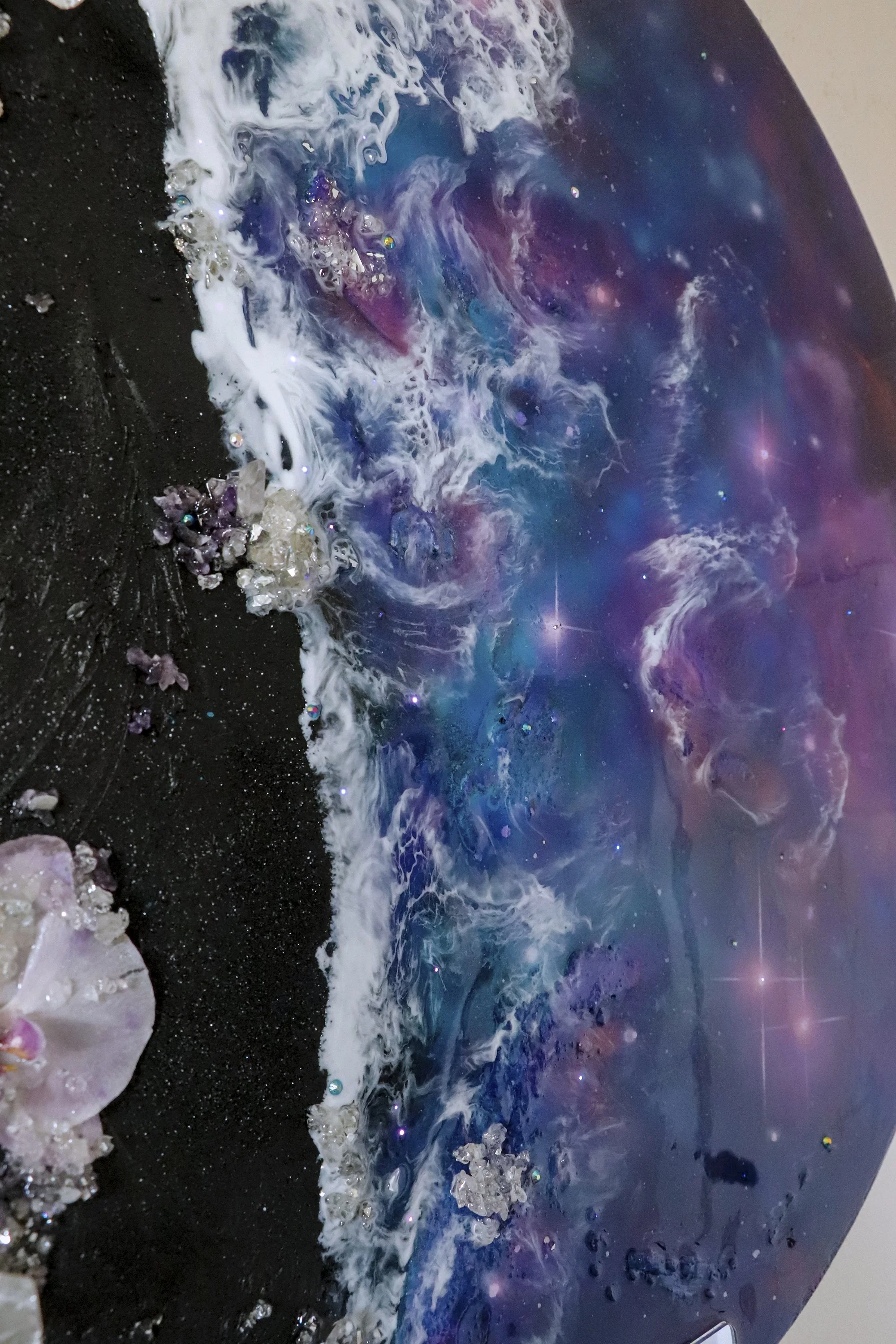 close up detail photo of galaxy background painting with ocean wave texture art