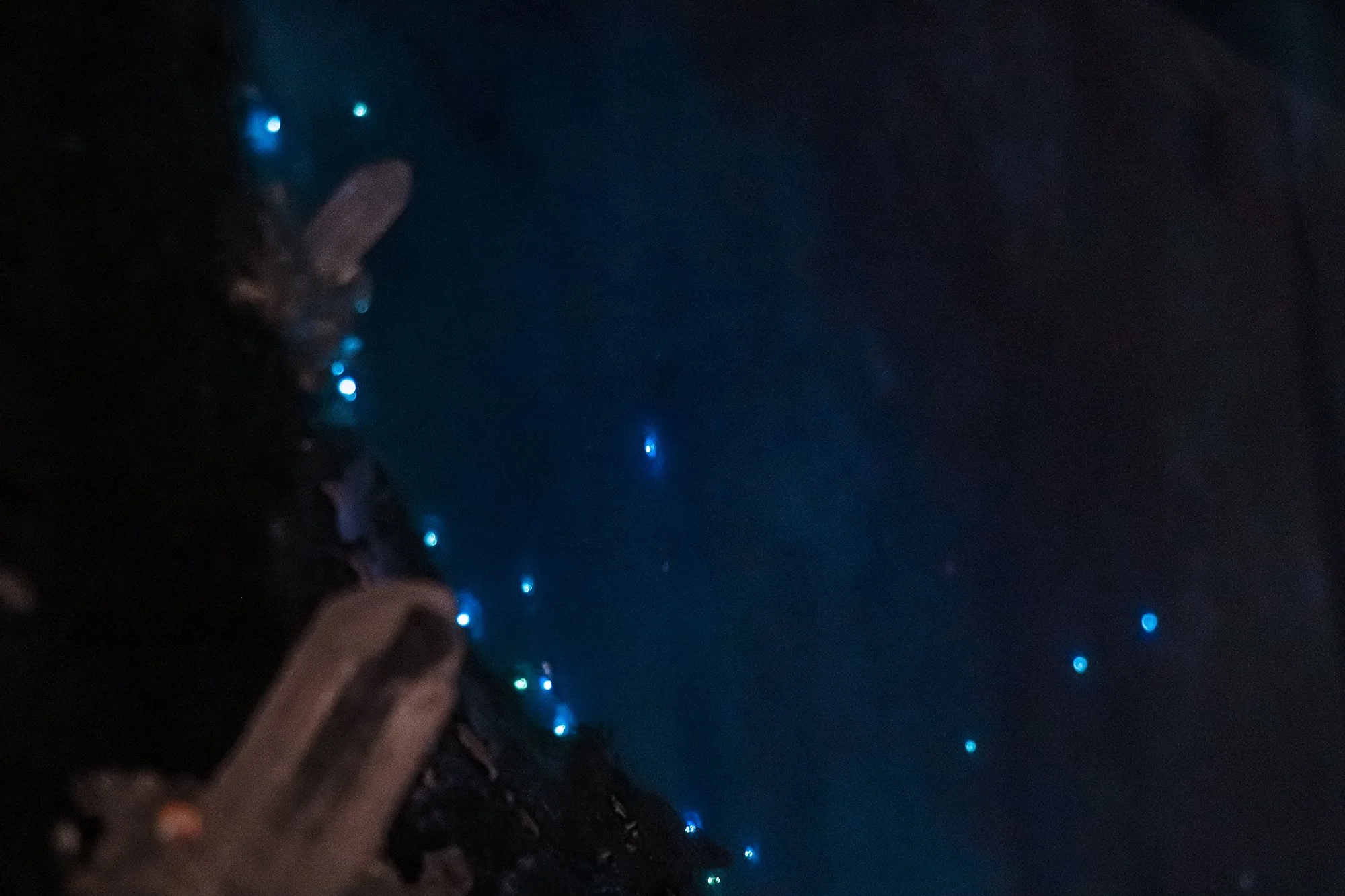 detail photo of quartz point and blue glowing fiber optic lights