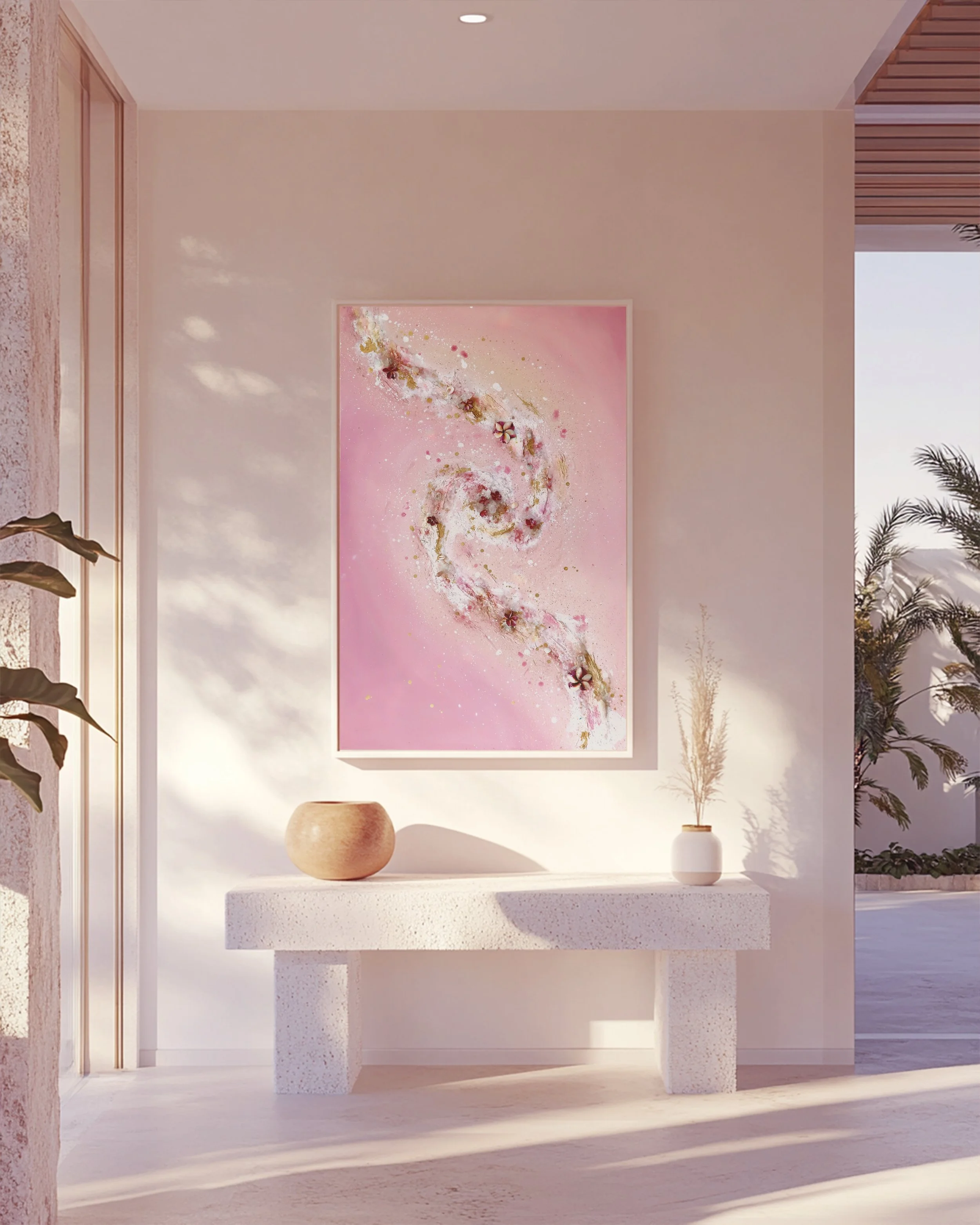 plumeria, pink artwork, hanging on modern living room wall