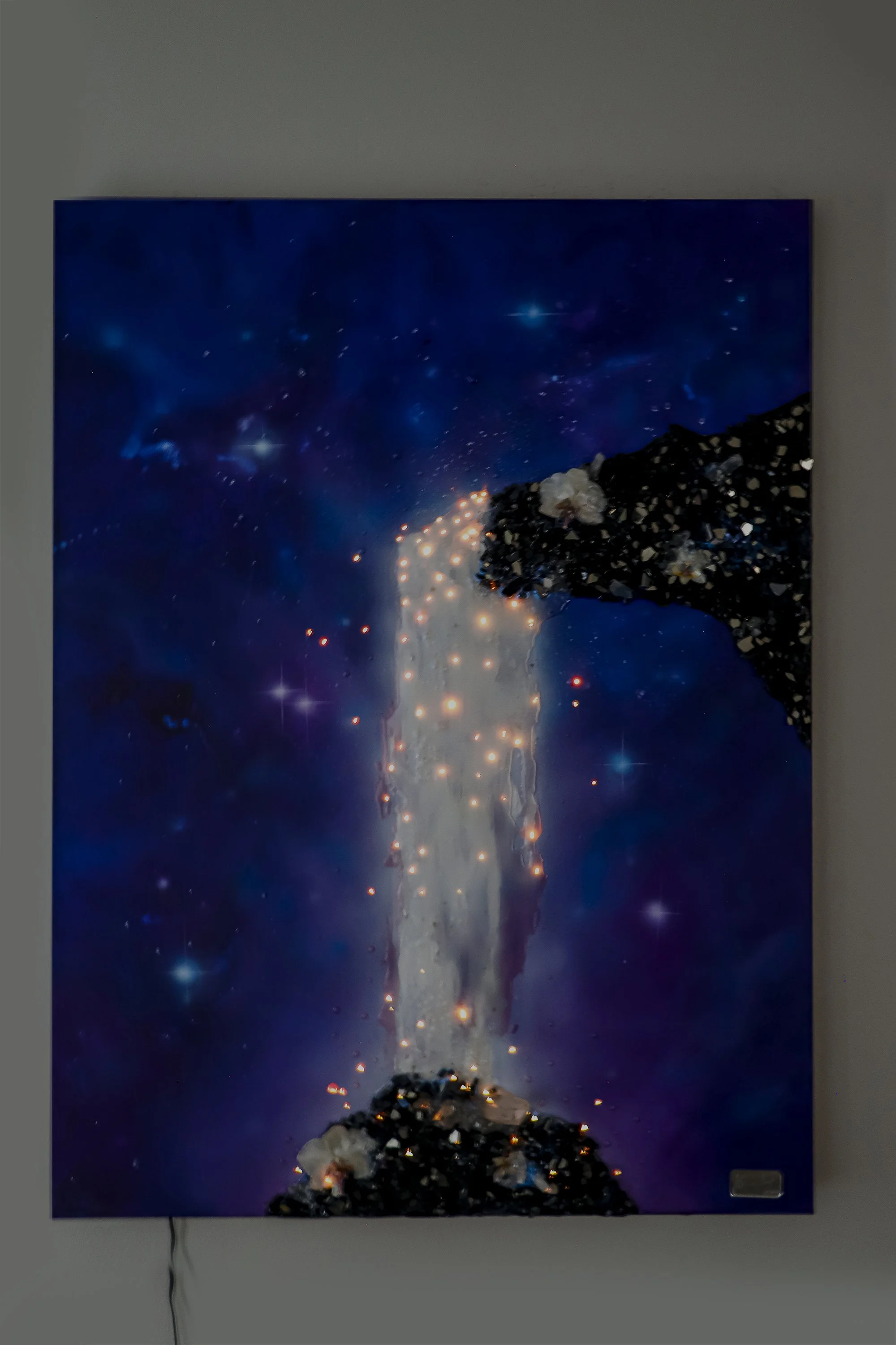 glowing fiber optics behind an abstract waterfall landscape with galaxy background, painting