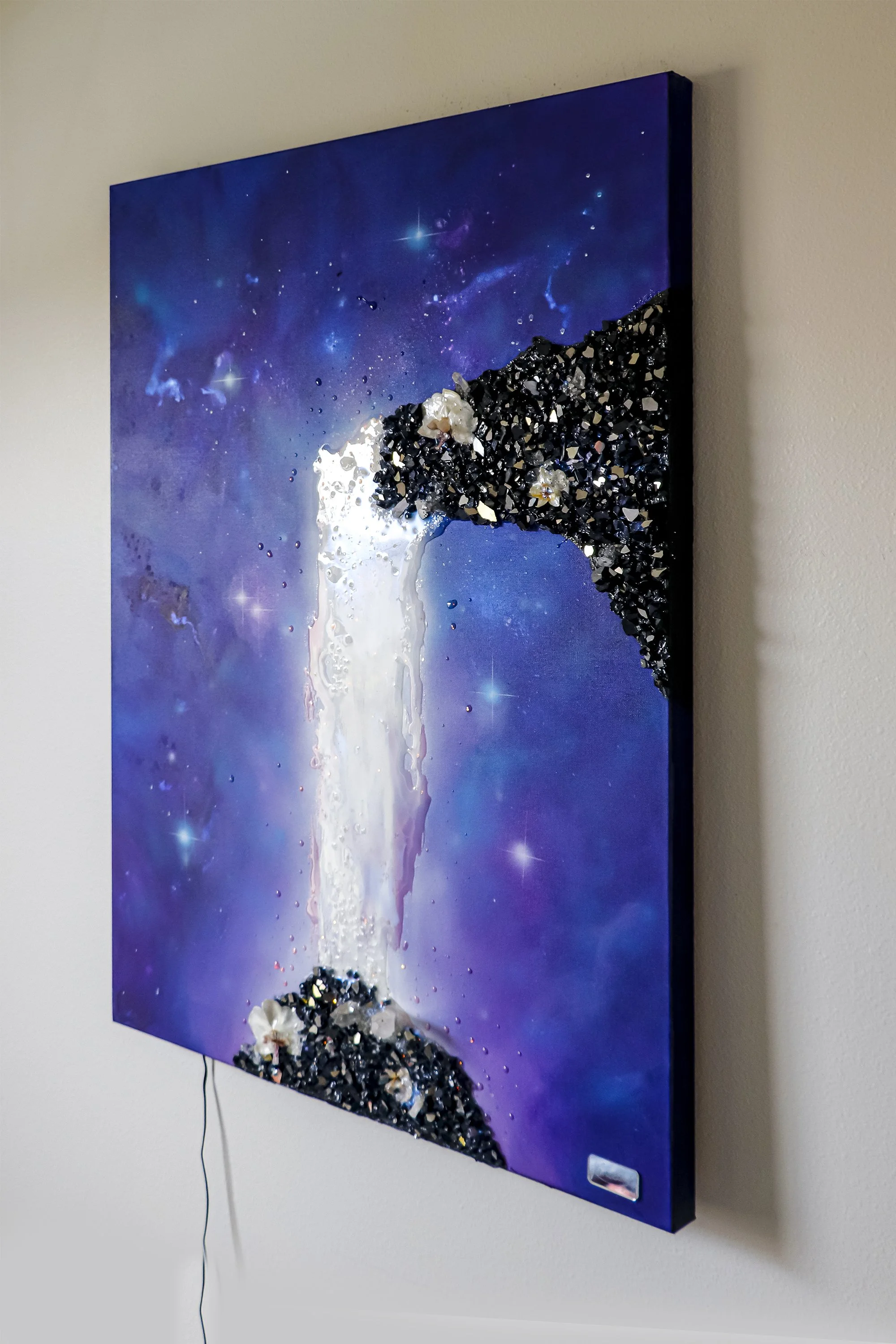 blue purple abstract wall art hanging, abstract waterfall with textured resin