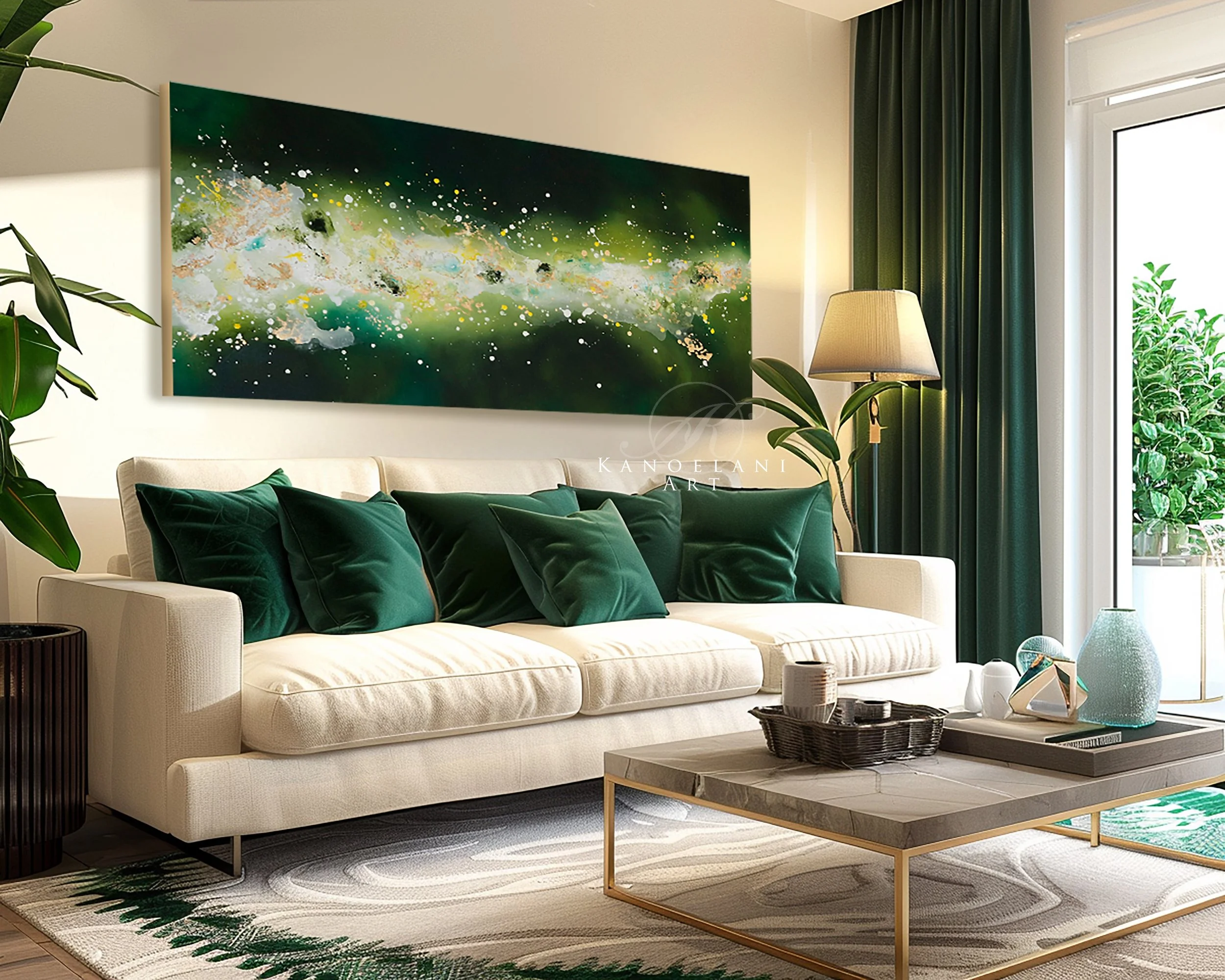 A large green abstract wall art mockup, large green painting in living room above couch, yellow and green abstract art
