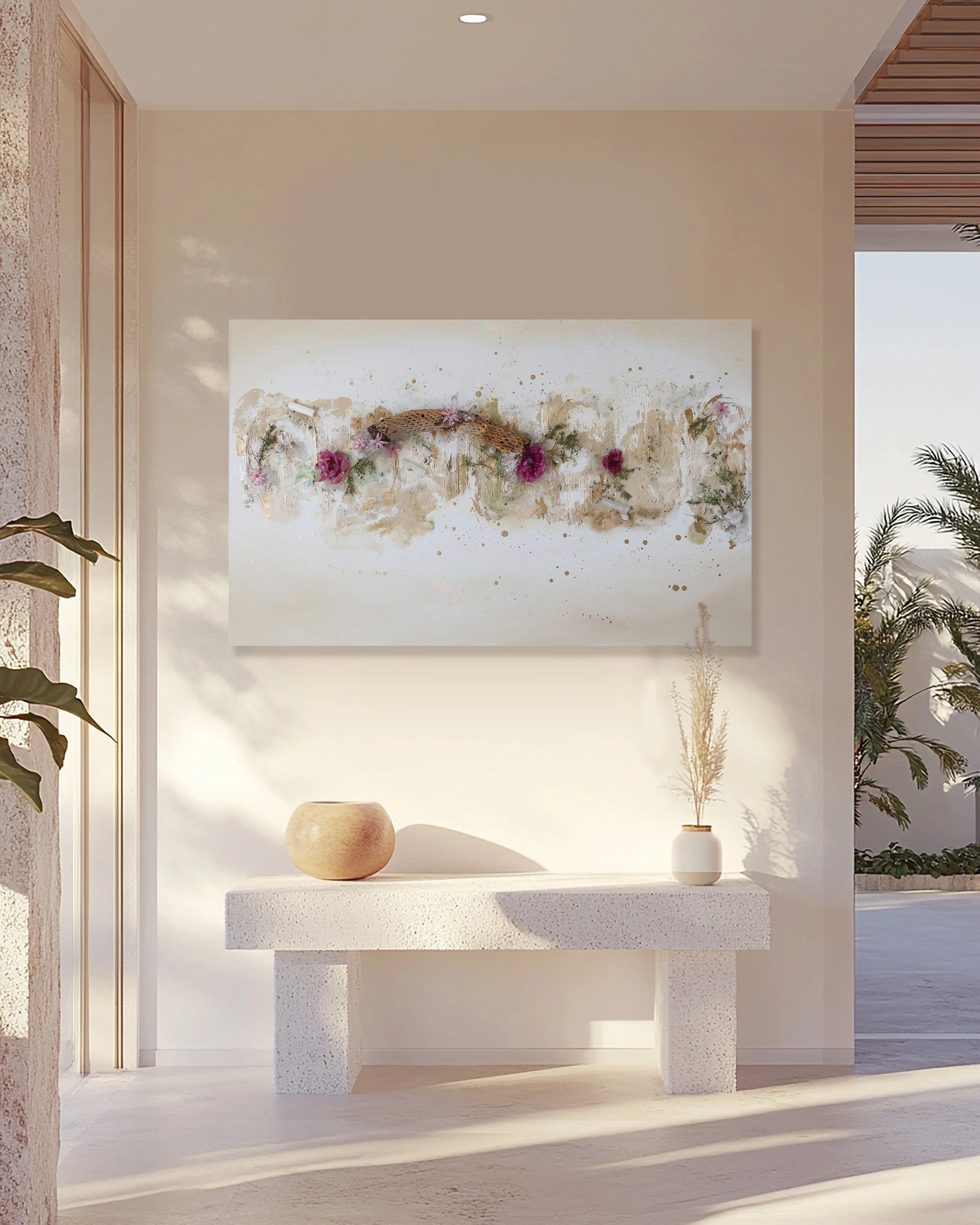Neutral color luxury abstract wall art inspired by the Southern Utah desert, hanging on luxury home wall