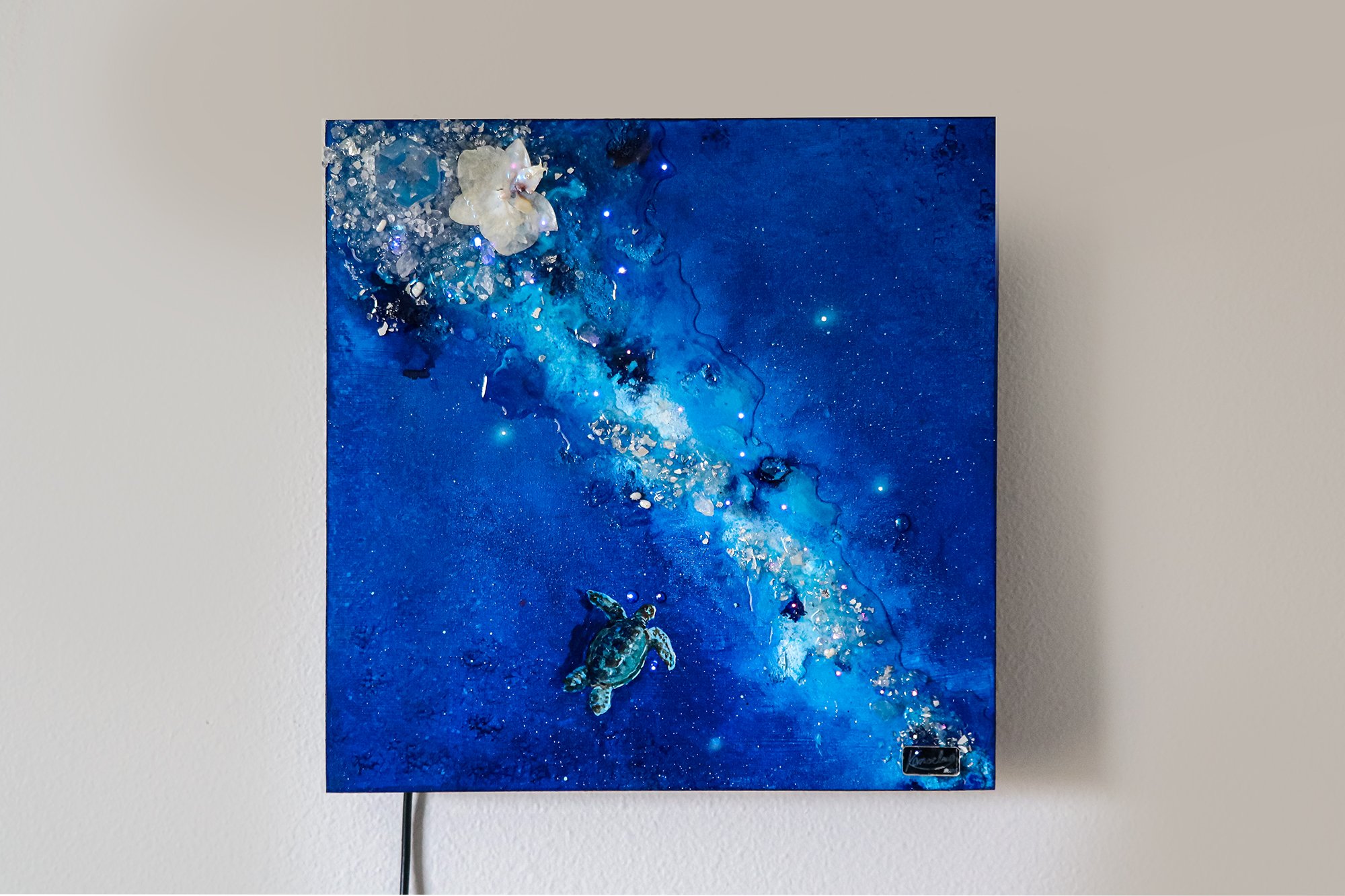 hanging blue wall art with sea turtle, crystals and fiber optic lighting, textured art
