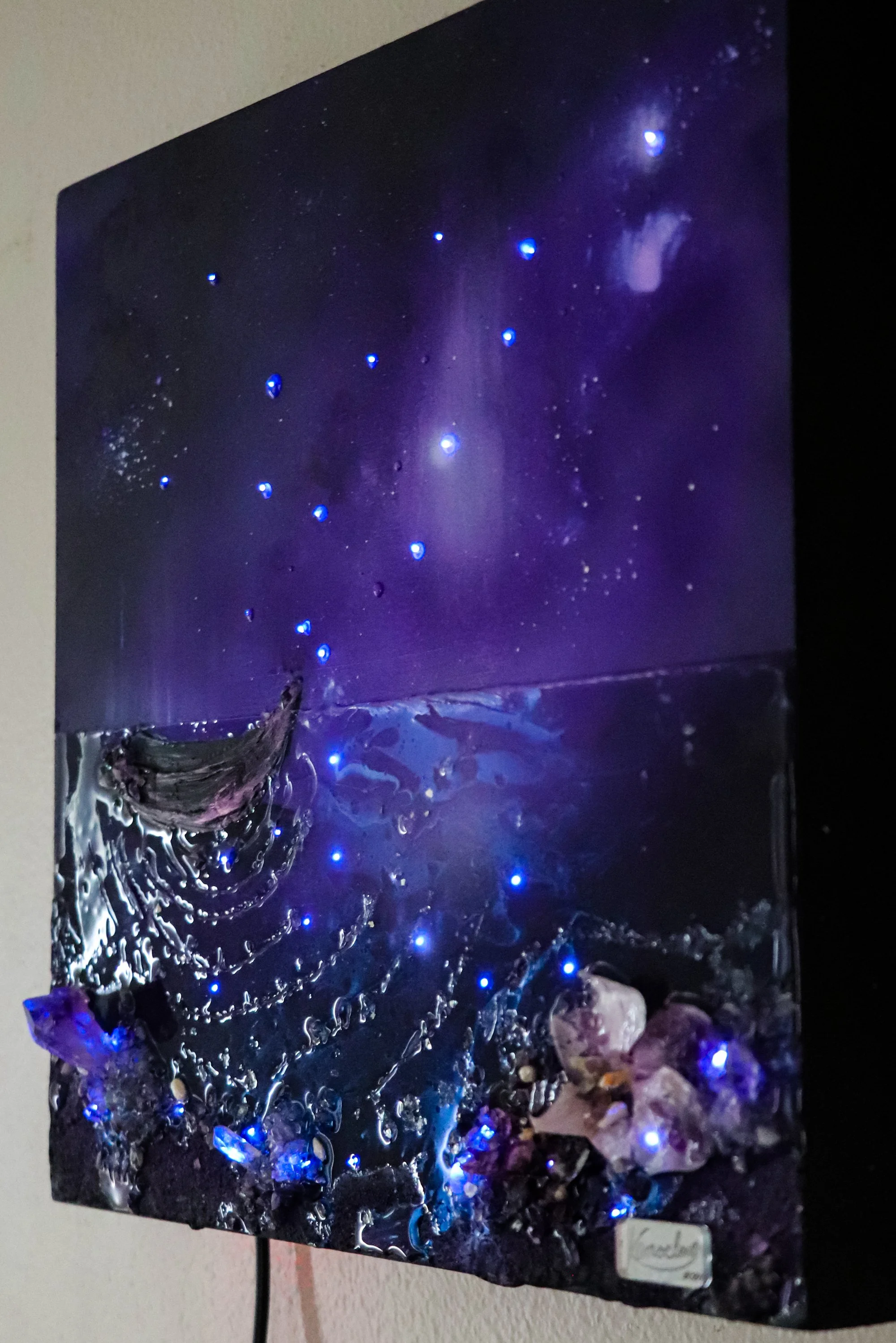 purple abstract wall art hanging, with fiber optic light, orchid botanicals and amethyst crystals, textured resin art
