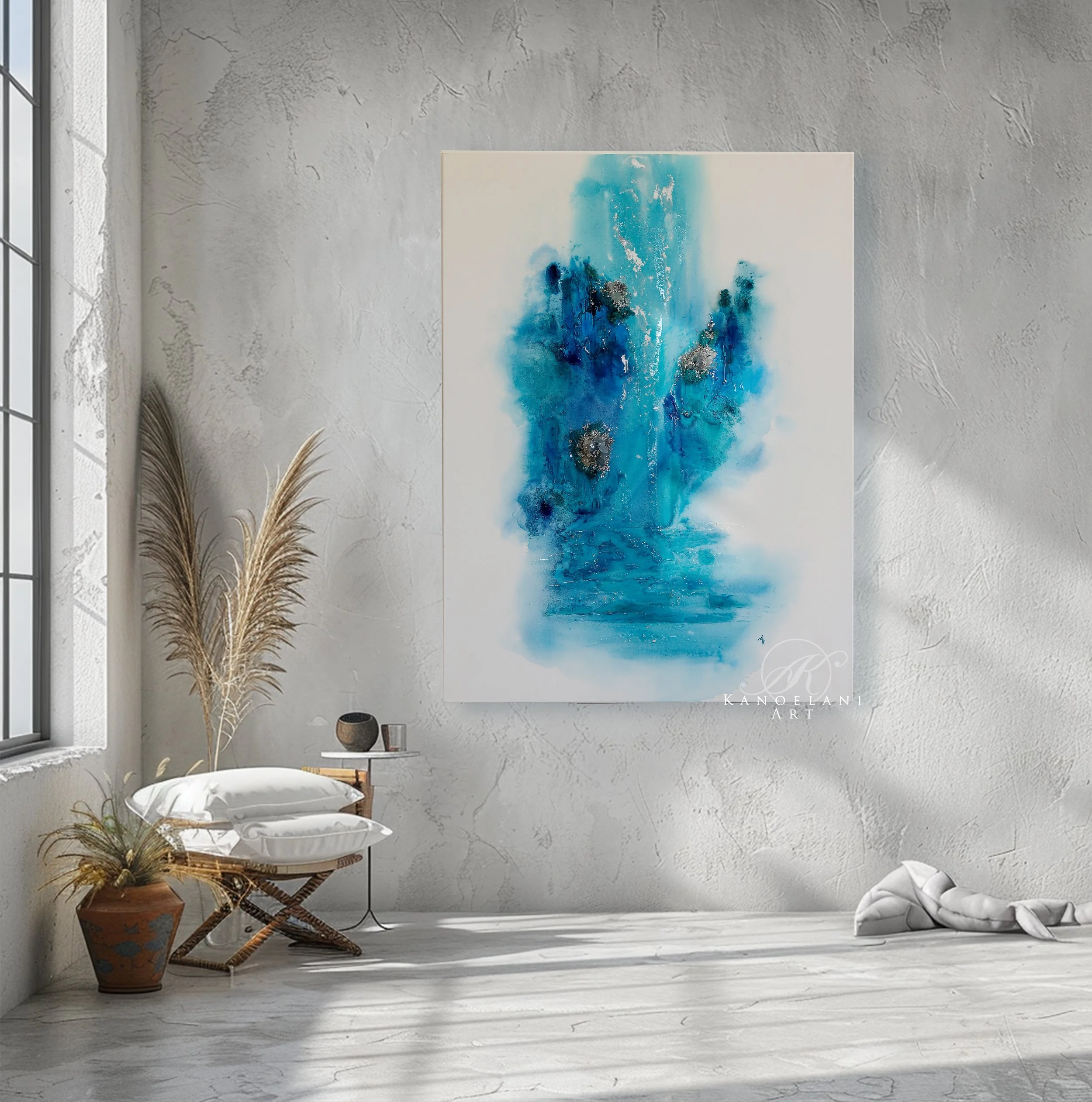 large blue abstract art, abstract nature art, waterfall inspired painting, real quartz, moss and celestite