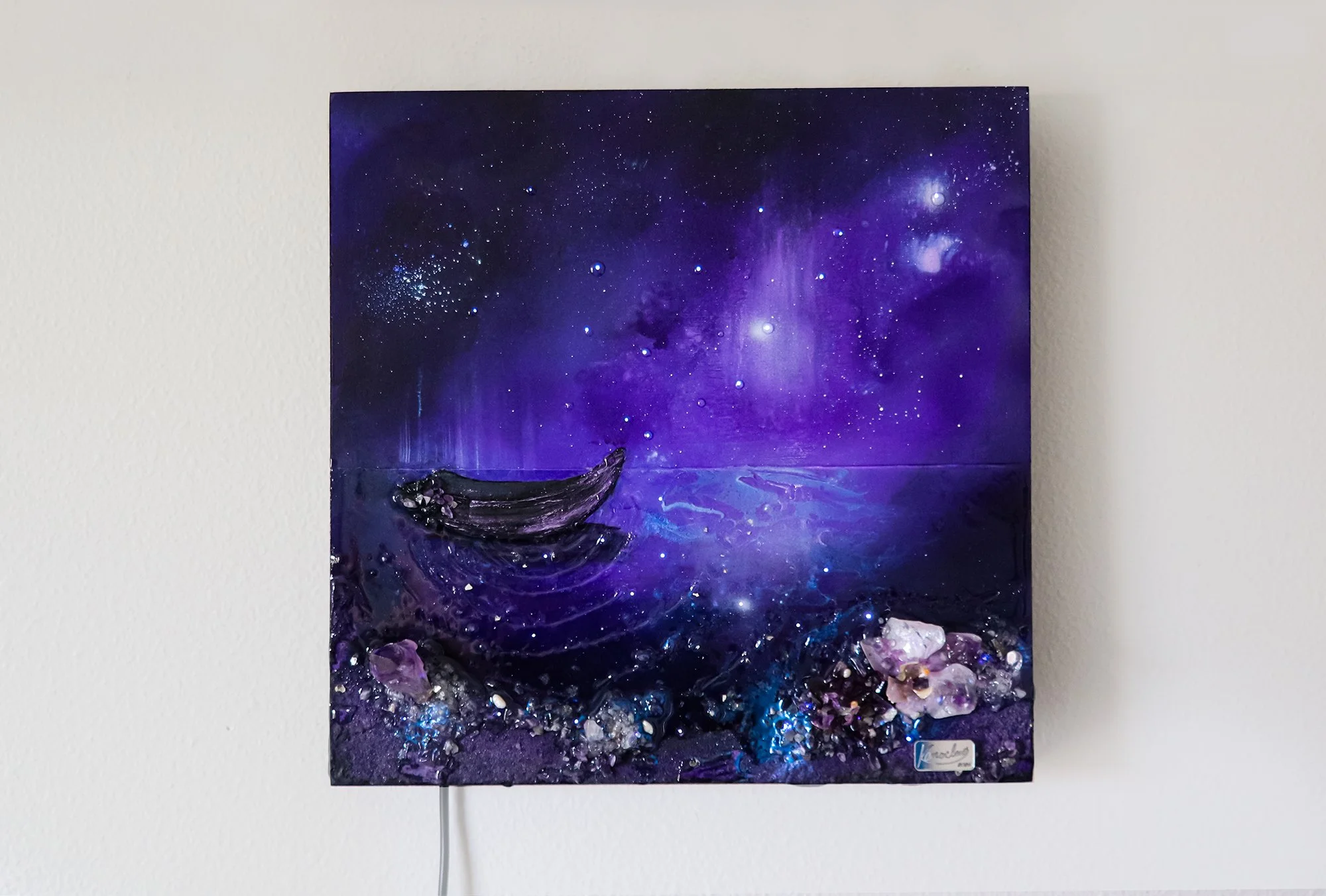 purple abstract wall art hanging, with fiber optic light, orchid botanicals and amethyst crystals, textured resin art