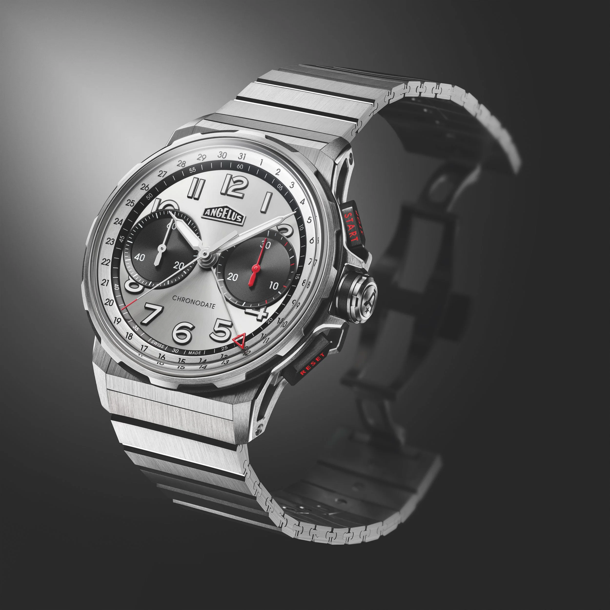 Angelus Watches Authorized Dealer Geneva Seal Chronodate Titanium Magnetic Silver Watch