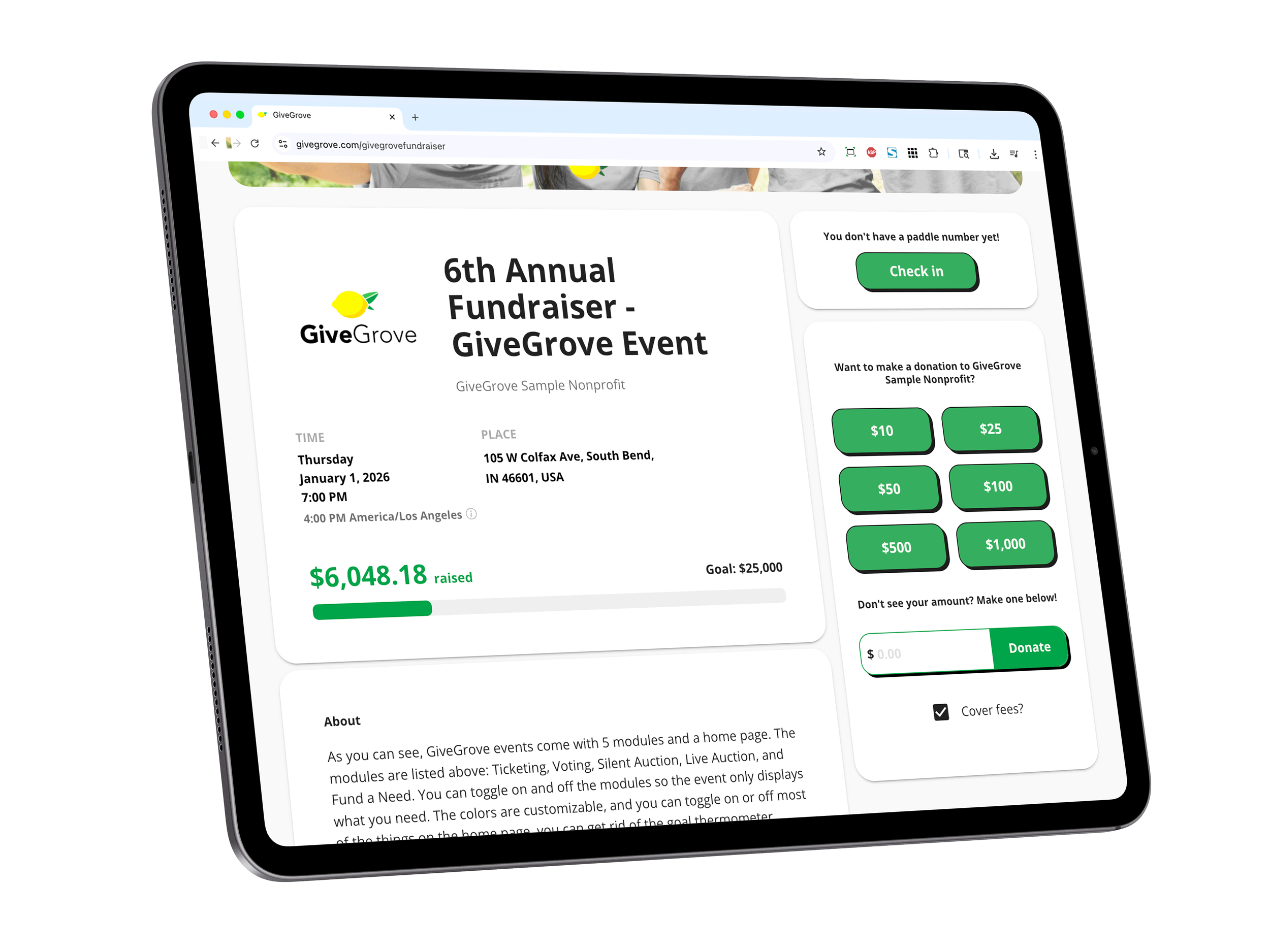 Screenshot of a fundraising event webpage with details of the 6th Annual GiveGrove event, showing date, time, location, amount raised, donation options, and a donation button.