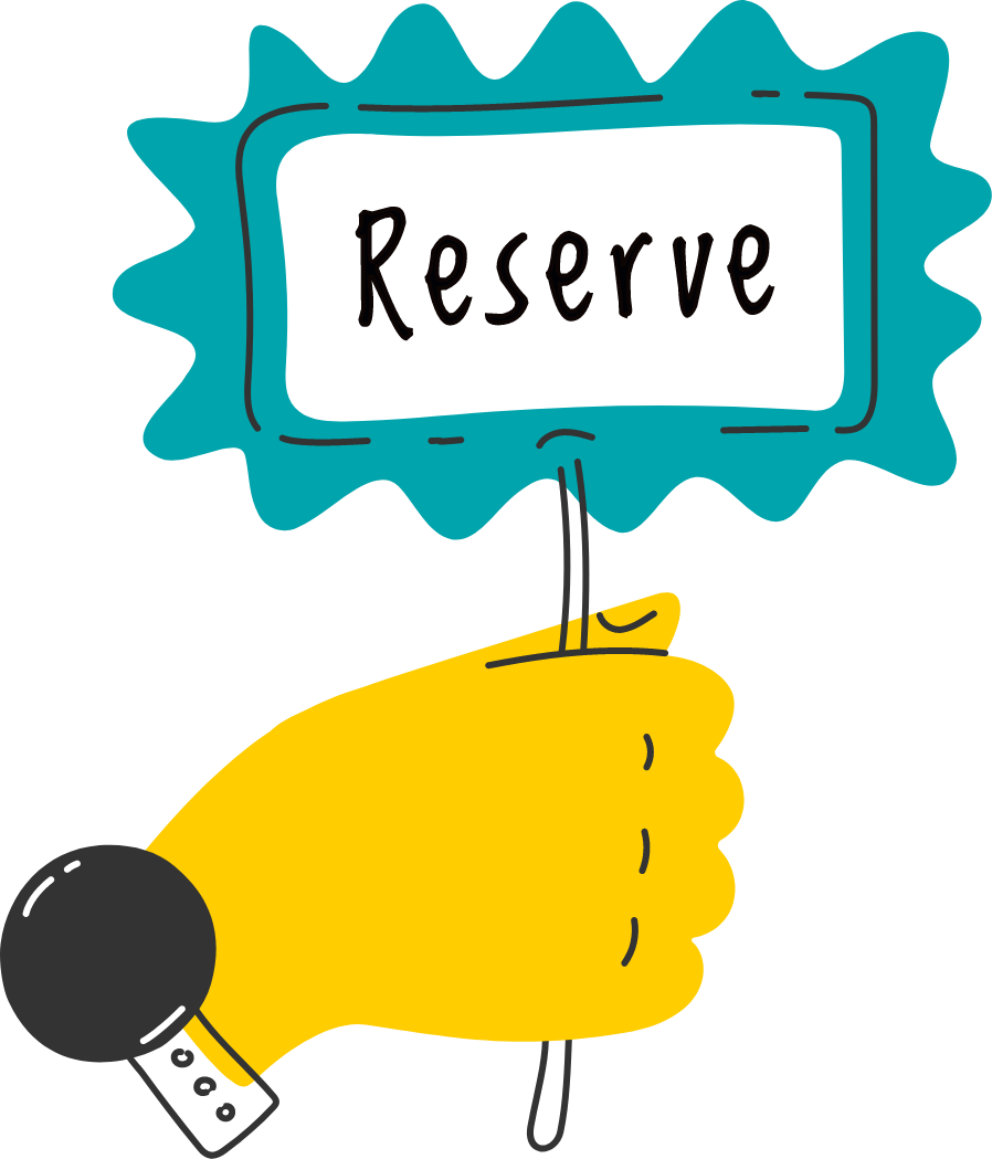 A yellow hand holding a small blue auction sign with the word 'Reserve' written on it.