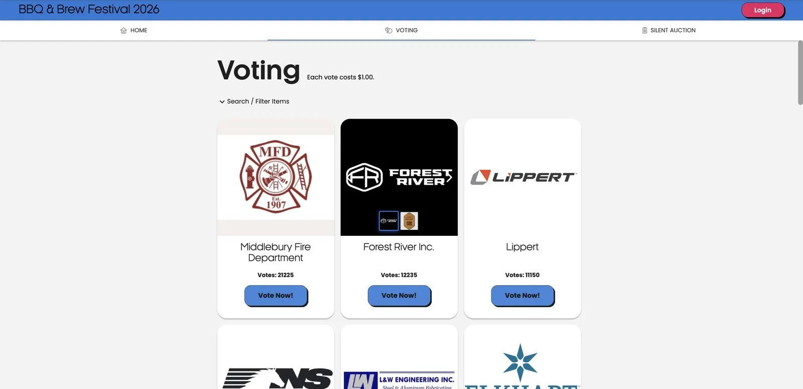BBQ & Brew Fest 2026 peer-to-peer voting page on GiveGrove showing $1 votes and local team totals