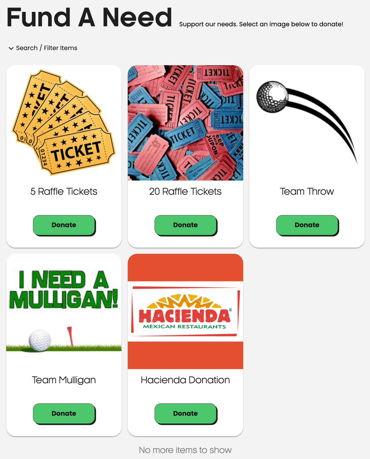 Mission on the Green Fund-a-Need page on GiveGrove selling raffle tickets, team throws and team mulligans for the Christmas Commandos golf tournament