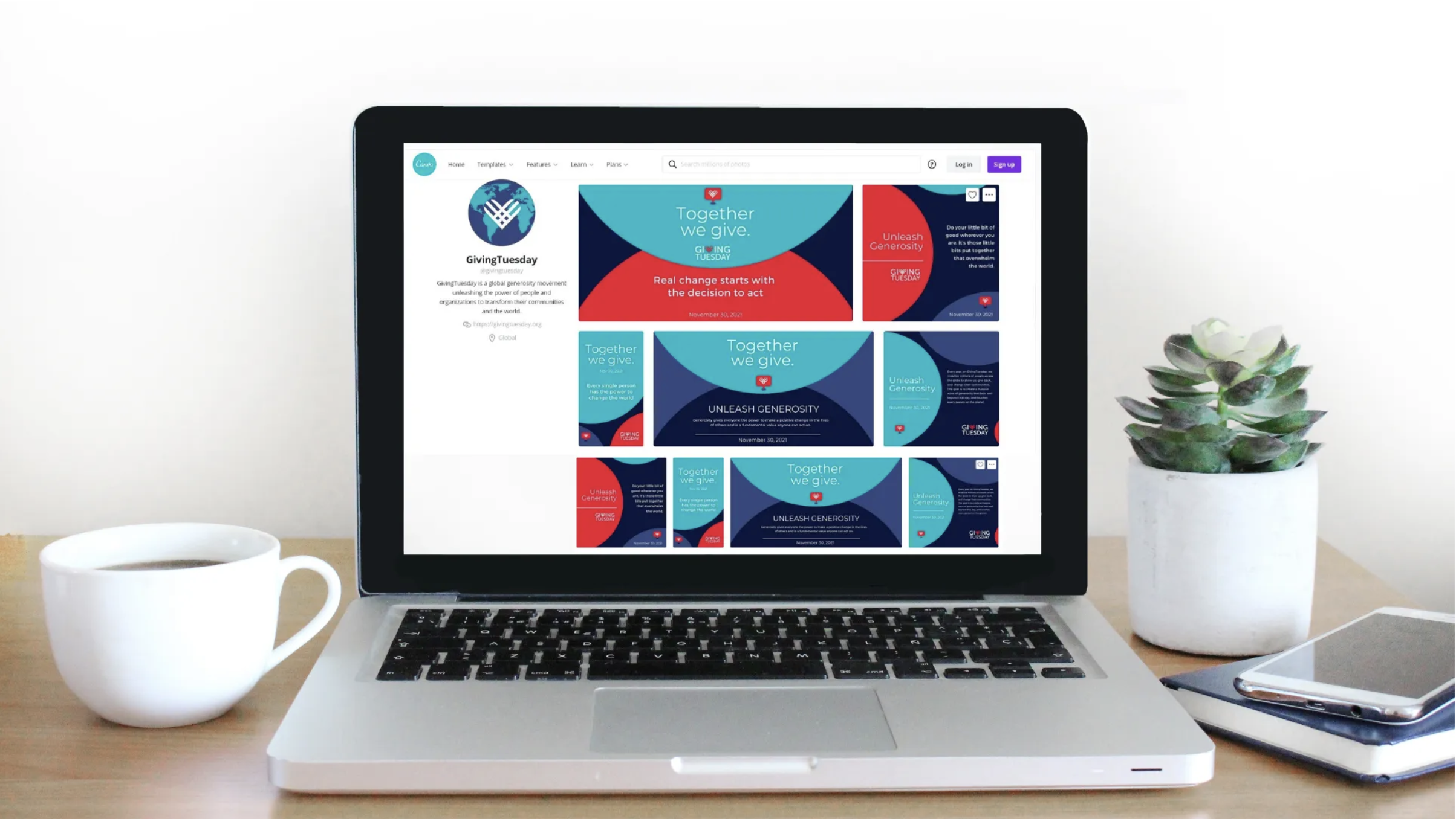 A laptop sits on a desk displaying a set of Giving Tuesday advertisements reading "Together we give."