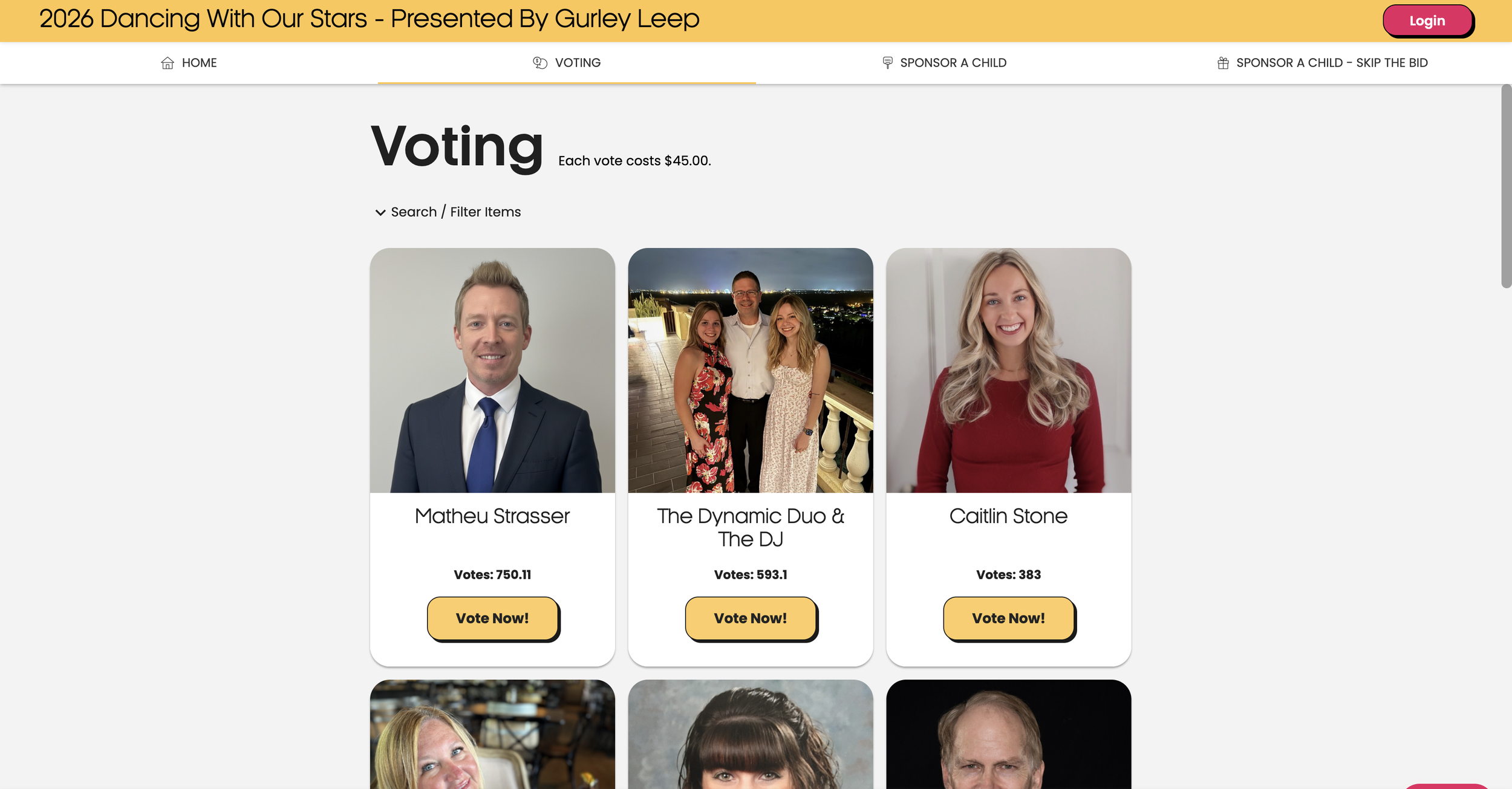 Dancing with Our Stars peer-to-peer voting page on GiveGrove showing $45 votes and dancer totals