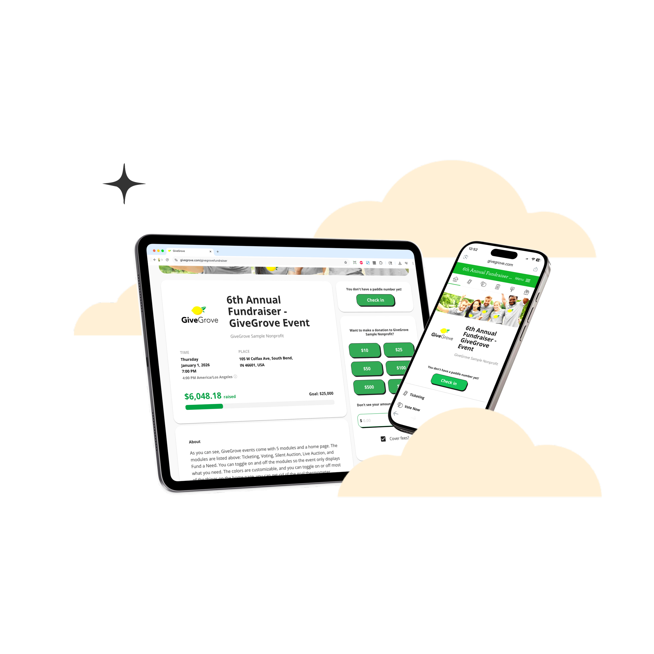 A tablet and a cell phone display GiveGrove's 6th Annual Fundraiser Event on the app.