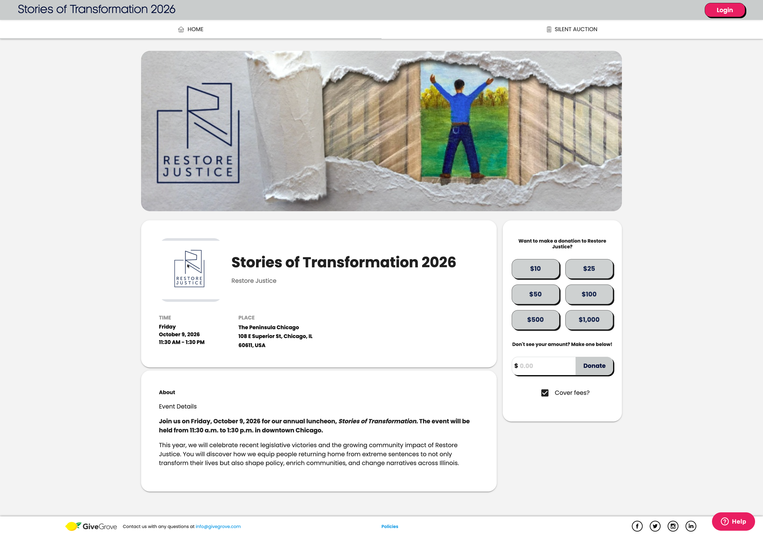 Restore Justice Stories of Transformation 2026 event page on GiveGrove with a silent auction tab and donation options