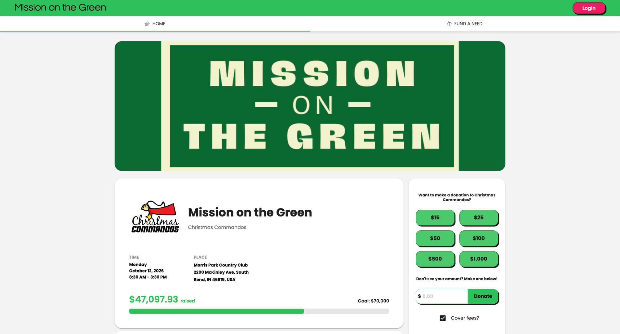 GiveGrove event page for Mission on the Green showing Morris Park Country Club, October 12, 2026, and $47,097.93 raised toward a $70,000 goal