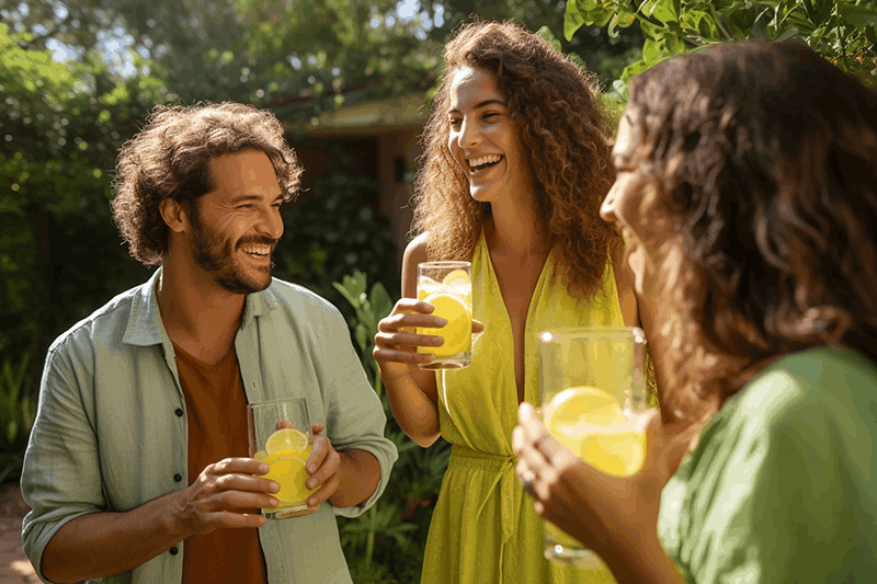Three friends outdoors, smiling, holding glasses of lemonade with lemon slices, engaging in conversation and laughter.