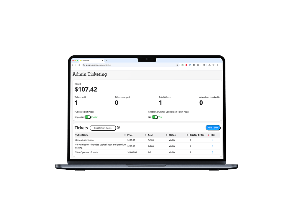Laptop screen displaying an admin ticketing dashboard with total raised $107.42, one ticket sold, no tickets comped, and one total ticket, showing ticket options and prices.
