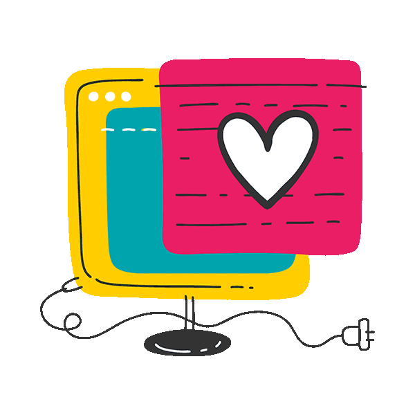 A colorful drawing of two computer screens with a heart on the front screen, connected to a power plug.