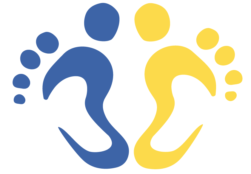 A colorful logo featuring two stylized human footprints, one blue and one yellow, forming a heart shape in the negative space between them.