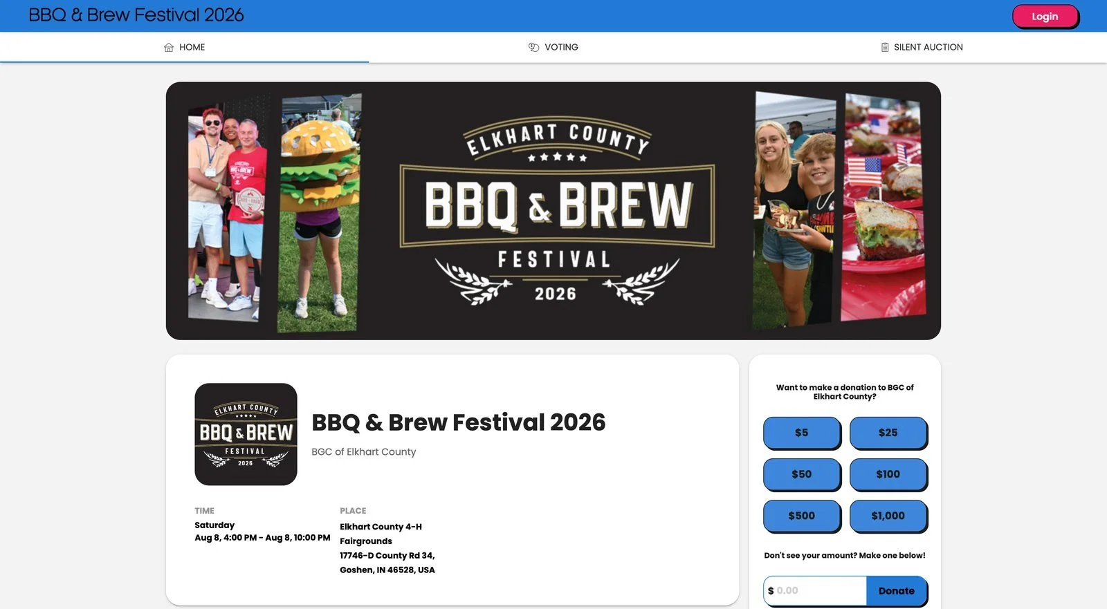 BBQ & Brew Festival 2026 event page on GiveGrove for the Boys & Girls Clubs of Elkhart County