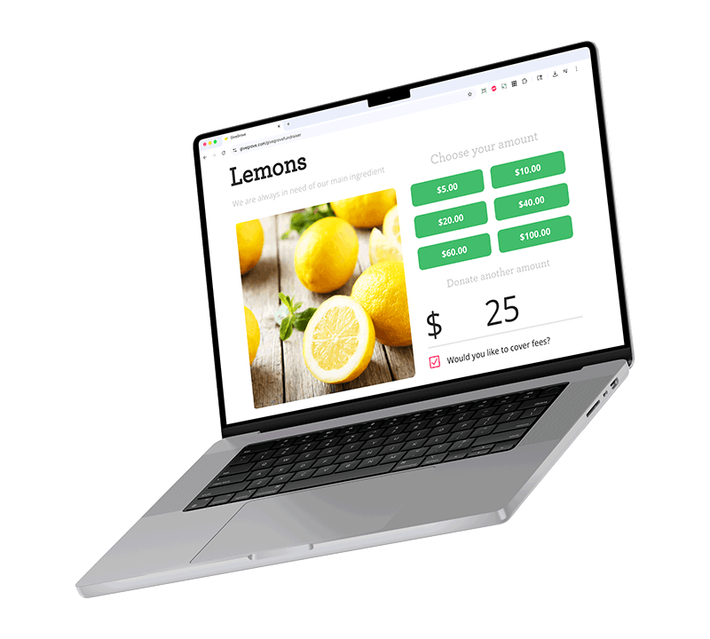 Open laptop displaying a website selling lemons with options to donate money and cover fees, featuring a photo of fresh lemons on a wooden surface.