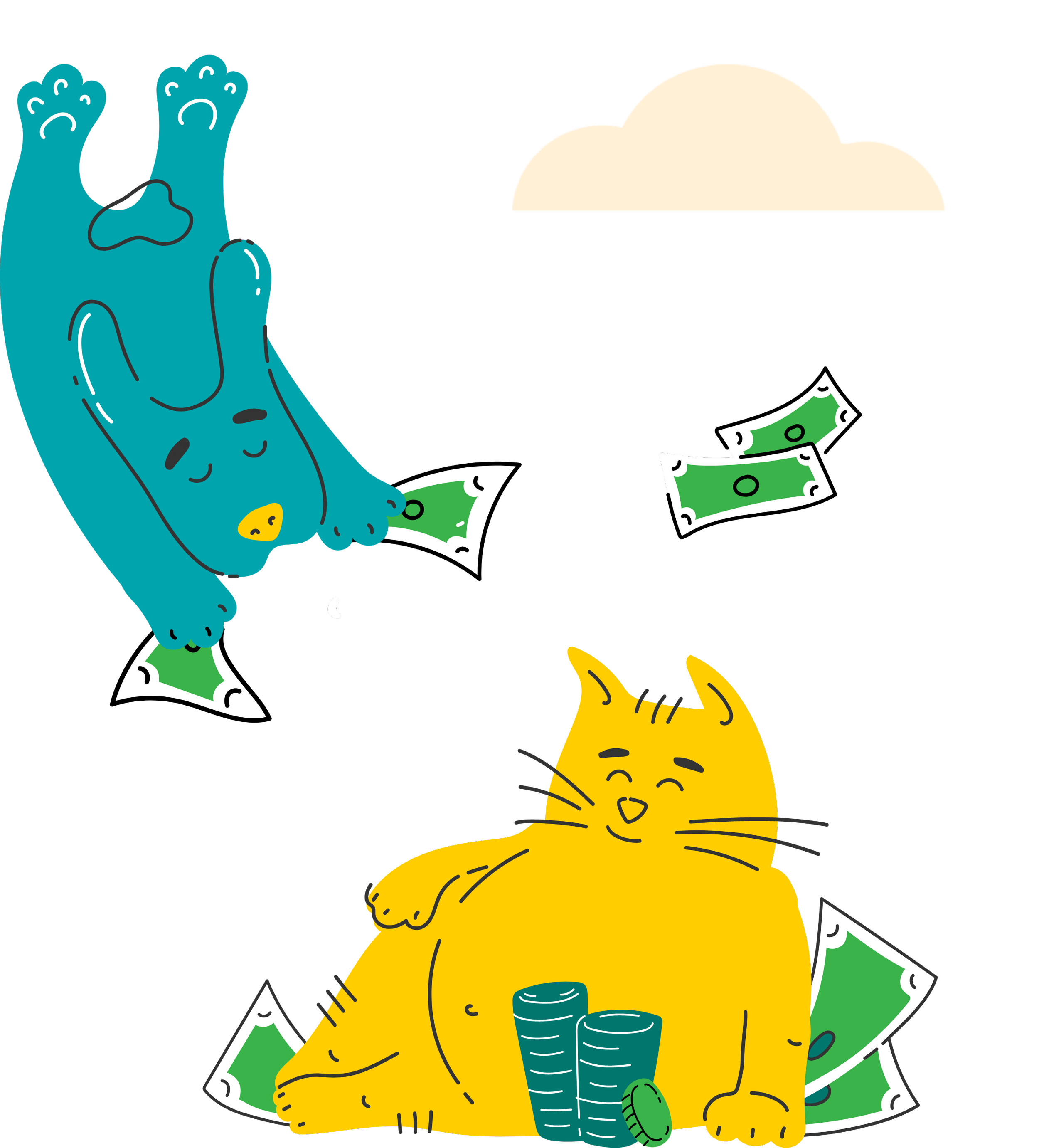 A cartoon blue dog and yellow cat with money and coins, smiling outside.