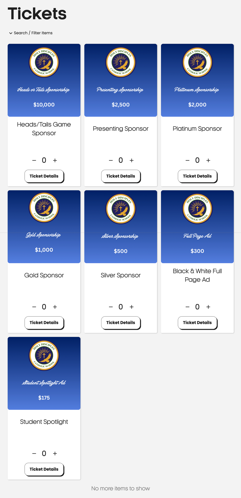 Holy Disciples Catholic School auction gala sponsorship levels and program ads on a GiveGrove ticketing page