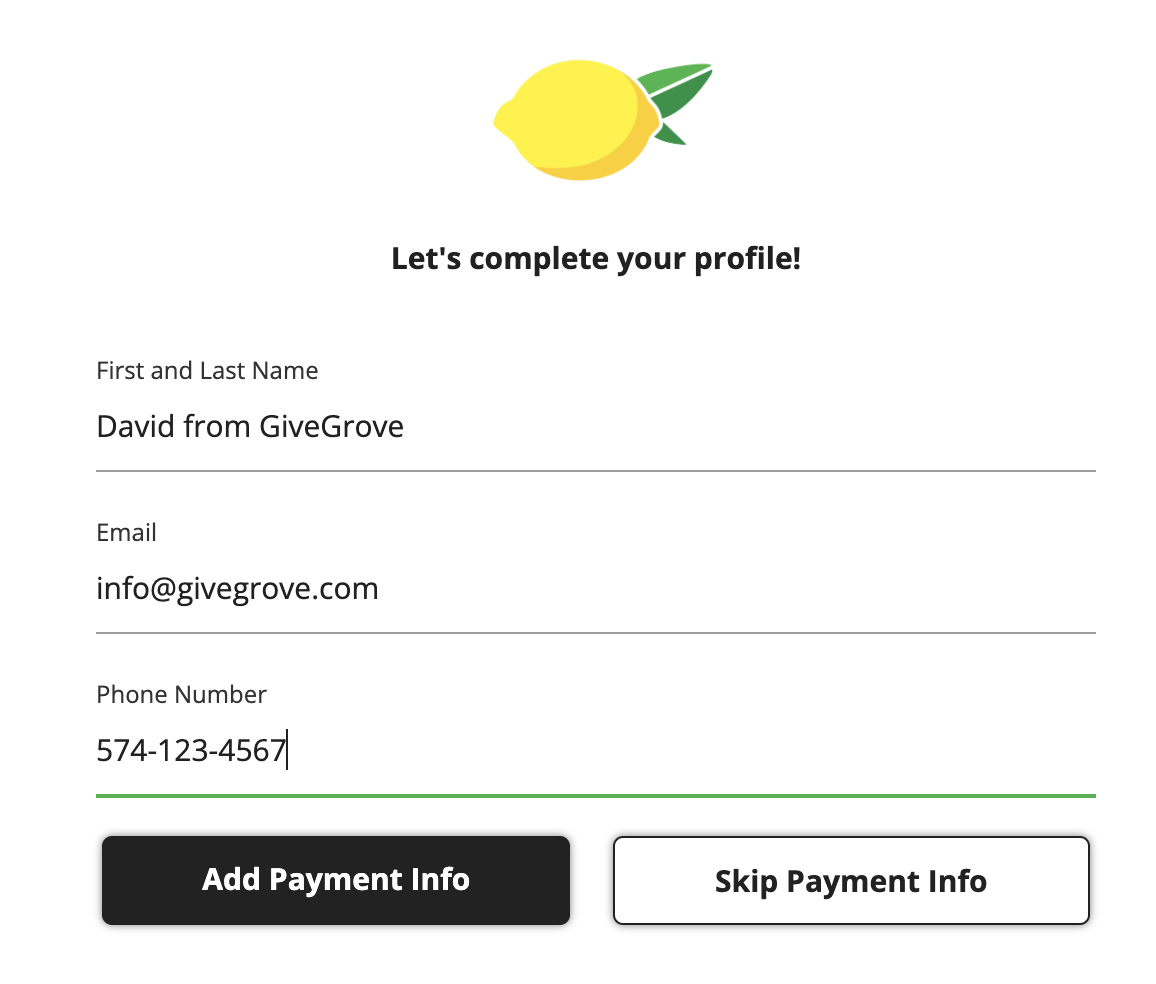 A sign up screen showing a button to skip adding your payment information to complete signing up.