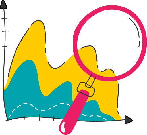 A colorful line graph with an area chart that has three segments in yellow, teal, and green. There is a pink magnifying glass highlighting a specific section of the yellow area on the right side of the graph.