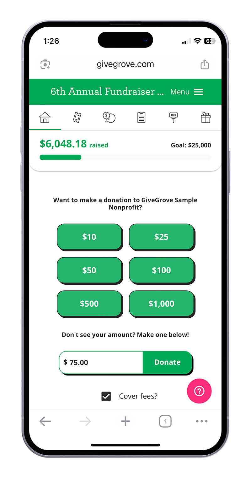 Mobile phone displaying a GiveGrove fundraising page for a nonprofit, showing funds raised, donation options, and a donation form.