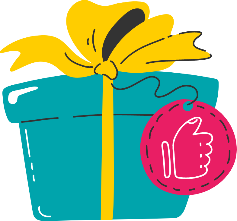 A teal gift box with a yellow ribbon tied in a bow, with a pink circular tag attached showing a thumbs-up icon.