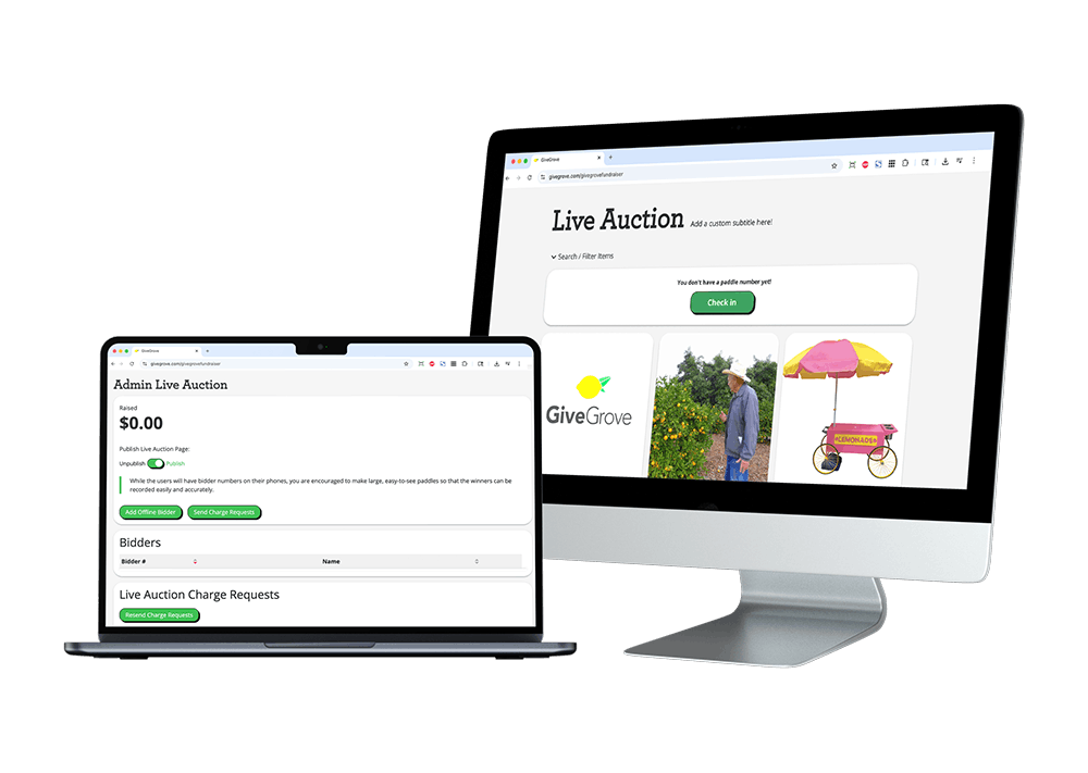 Screenshots of a live online auction platform on a desktop computer and a laptop, showing auction pages with bid details, buttons, and images of a person and a lemonade cart.