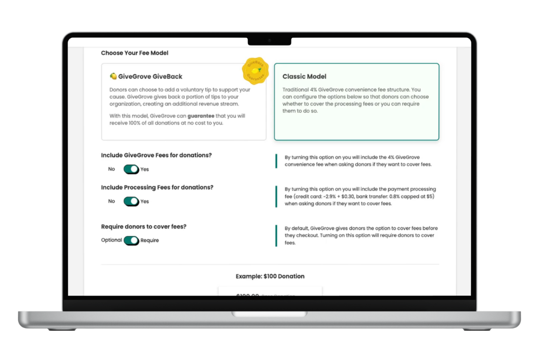 Laptop screen displaying donation fee model options for a fundraising platform, including details about GiveGrove GiveBack and Classic Model, with toggle switches for including fees and processing fees, and an example donation amount.