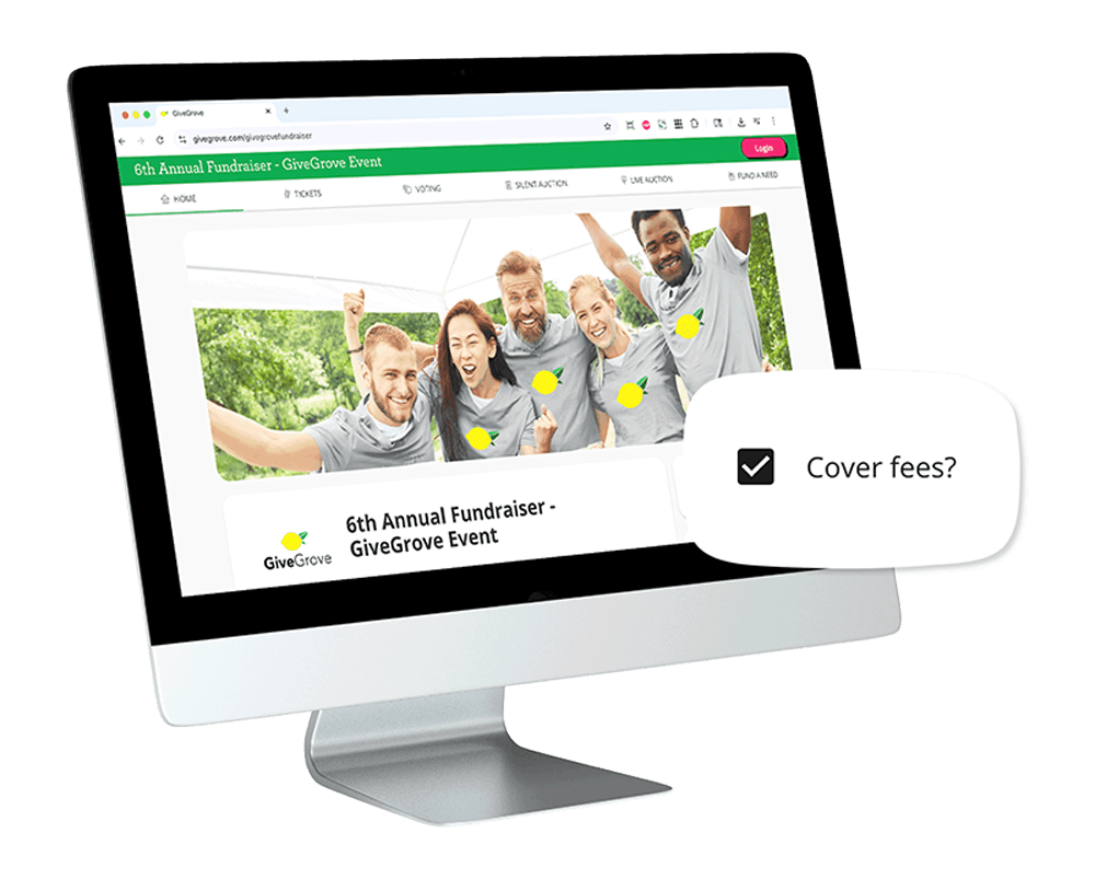 Computer screen displaying a GiveGrove fundraising event webpage with a group of five diverse smiling people outdoors, with yellow lemon icons on their shirts, and a question box asking about cover fees.