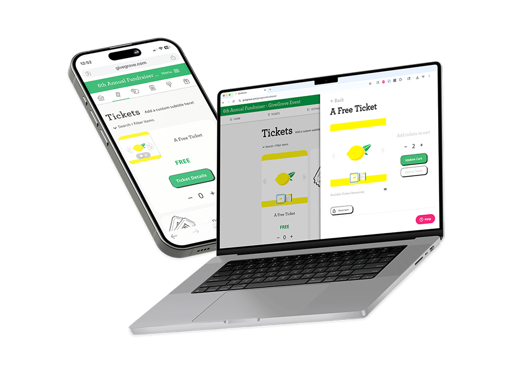 A smartphone and a laptop displaying a webpage for a fundraiser event with tickets. The screens show the ticket options, with a lemon icon, that are free and can be added to the cart.