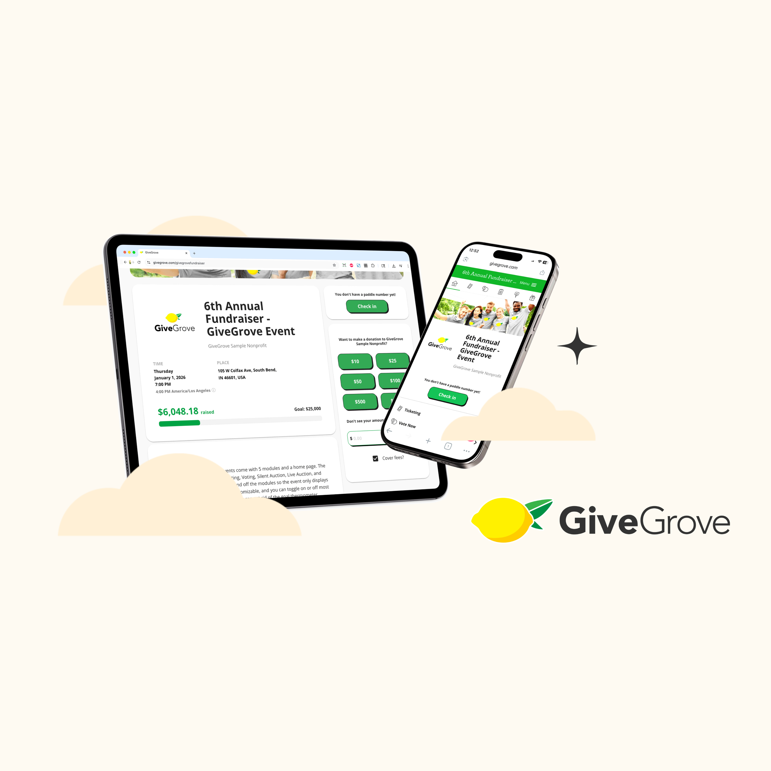 A tablet and a mobile phone displaying a fundraising event progress bar and donation screen.