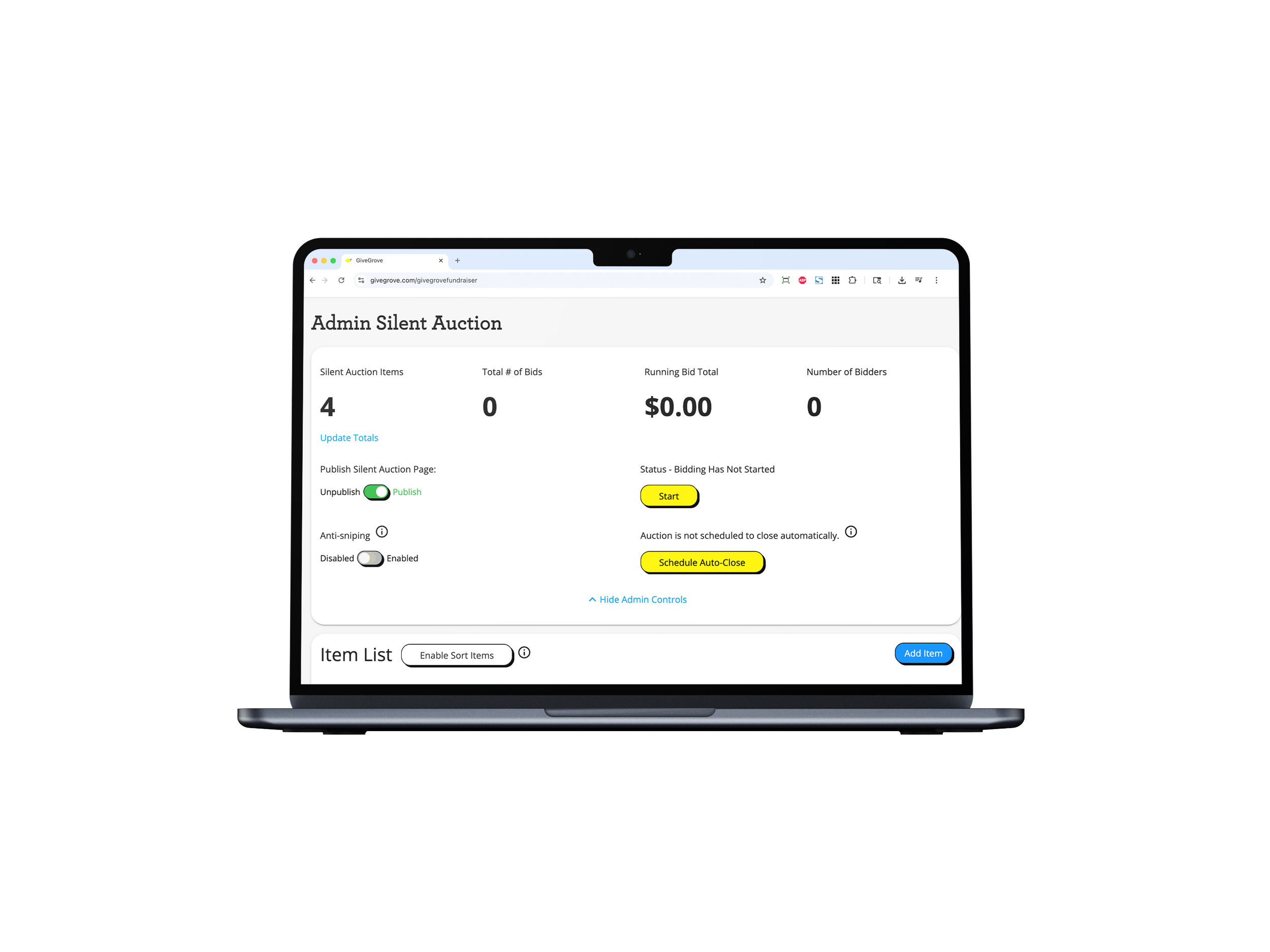 Computer screen displaying an Admin Silent Auction webpage with options to start, publish, or schedule the auction, and a list of auction items.
