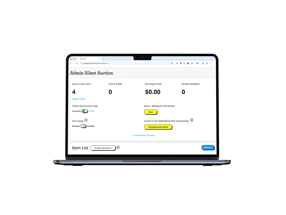 Computer screen displaying an Admin Silent Auction webpage with options to start, publish, or schedule the auction, and a list of auction items.