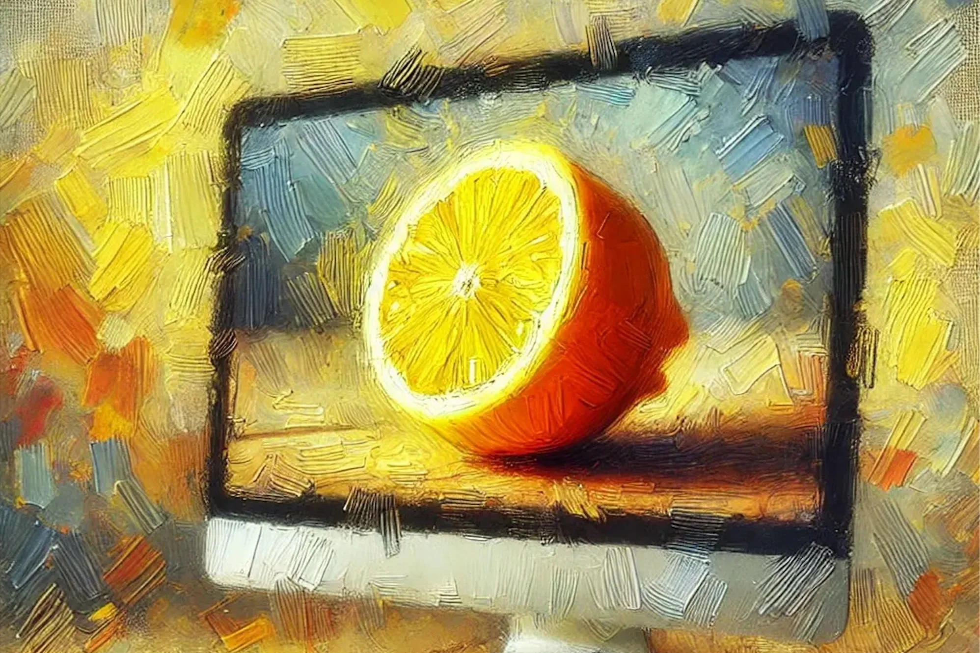 A painting with lots of visible brush strokes of a half a lemon being displayed on a computer desktop monitor screen.