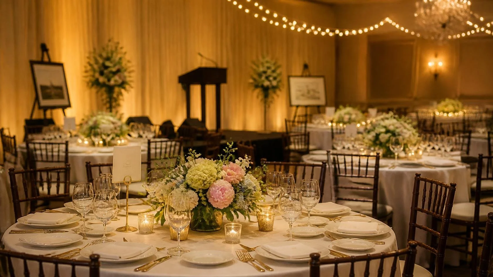 Nonprofit spring gala ballroom set for dinner and an auction