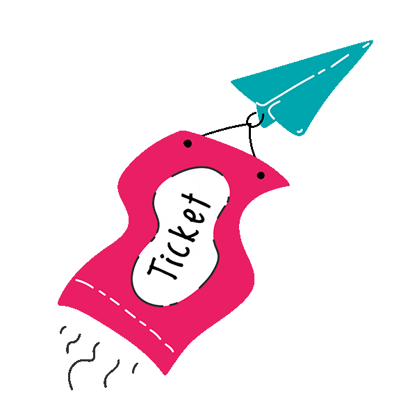 An illustration of a pink rocket with a white label that says 'Ticket,' flying through the air with a blue paper airplane nearby.